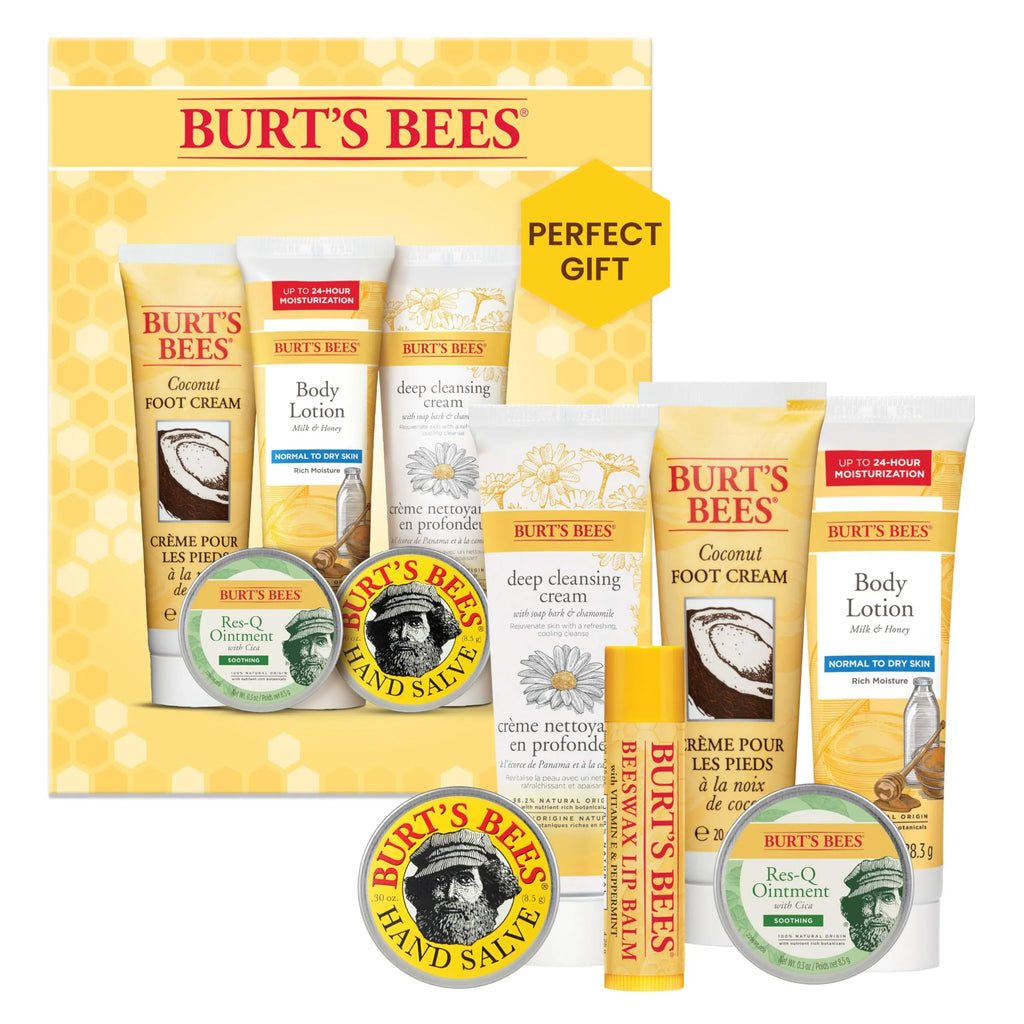 Burt's Bees Timeless Minis Kit with Coconut Foot Cream, Milk & Honey Body Lotion, Soap Bark & Chamomile Deep Cleansing Cream, Res-Q Gentlemen Hand Salve and Beeswax Lip Balm