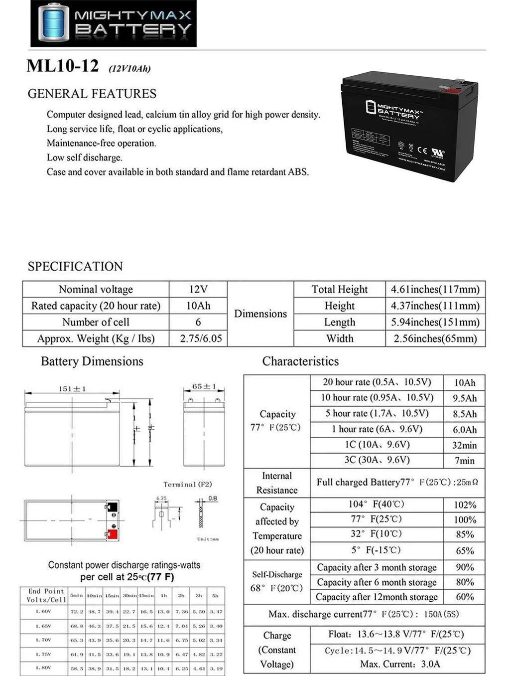 12V 10AH Battery for LIFAN Model # ES400