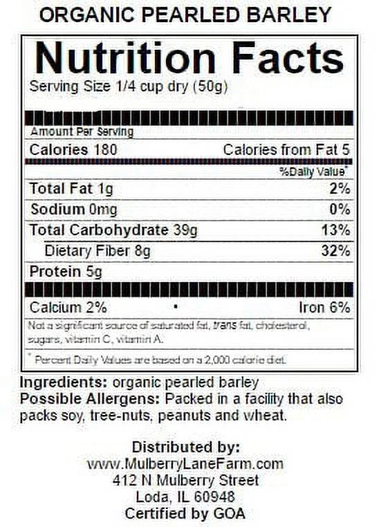 Pearled Barley, 5 lbs (five pounds), USDA Certified Organic, Non-GMO, packed bulk by Mulberry Lane Farms