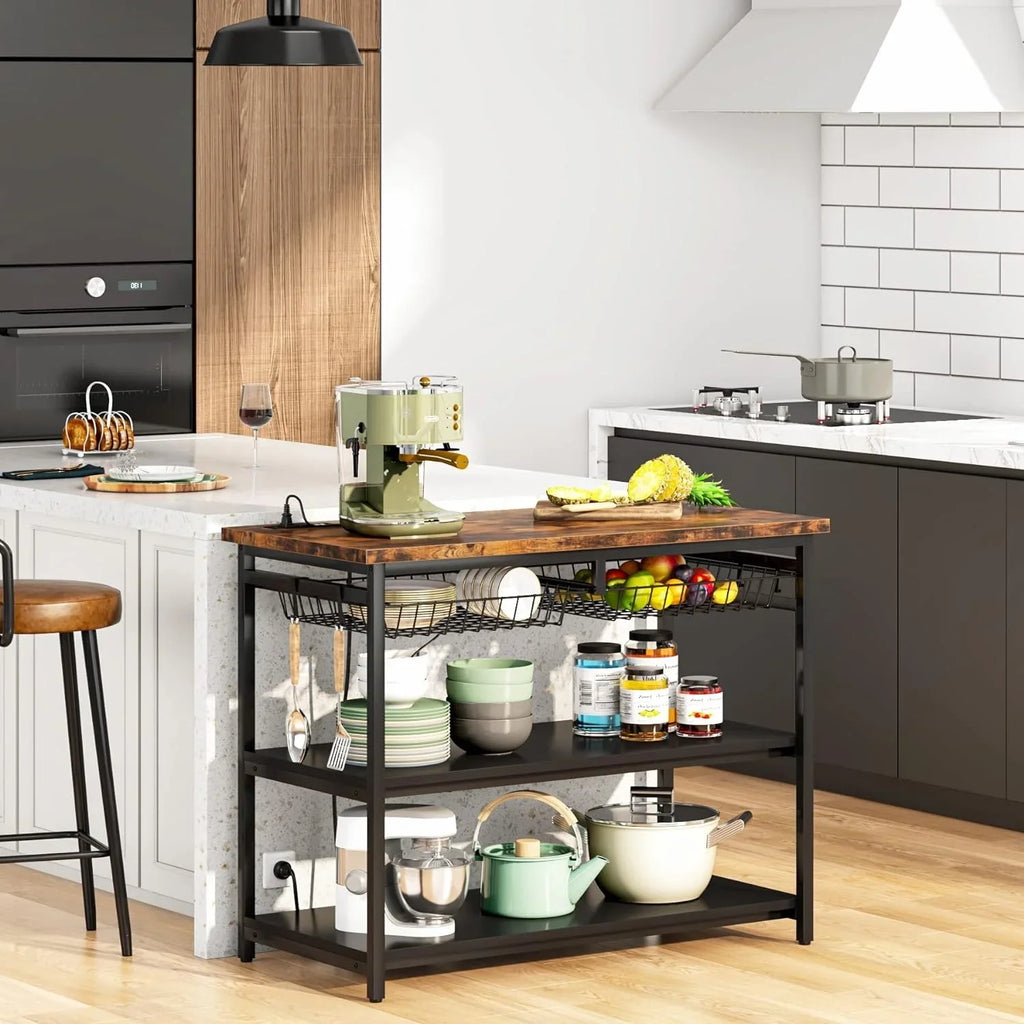 TJUNBOLIFE Kitchen Island with Industrial Island Table with Power Outlets and Wire Baskets 3 Tier Microwave Oven Stand Butcher Block Island with Large Worktop 4 Hooks Rustic Brown