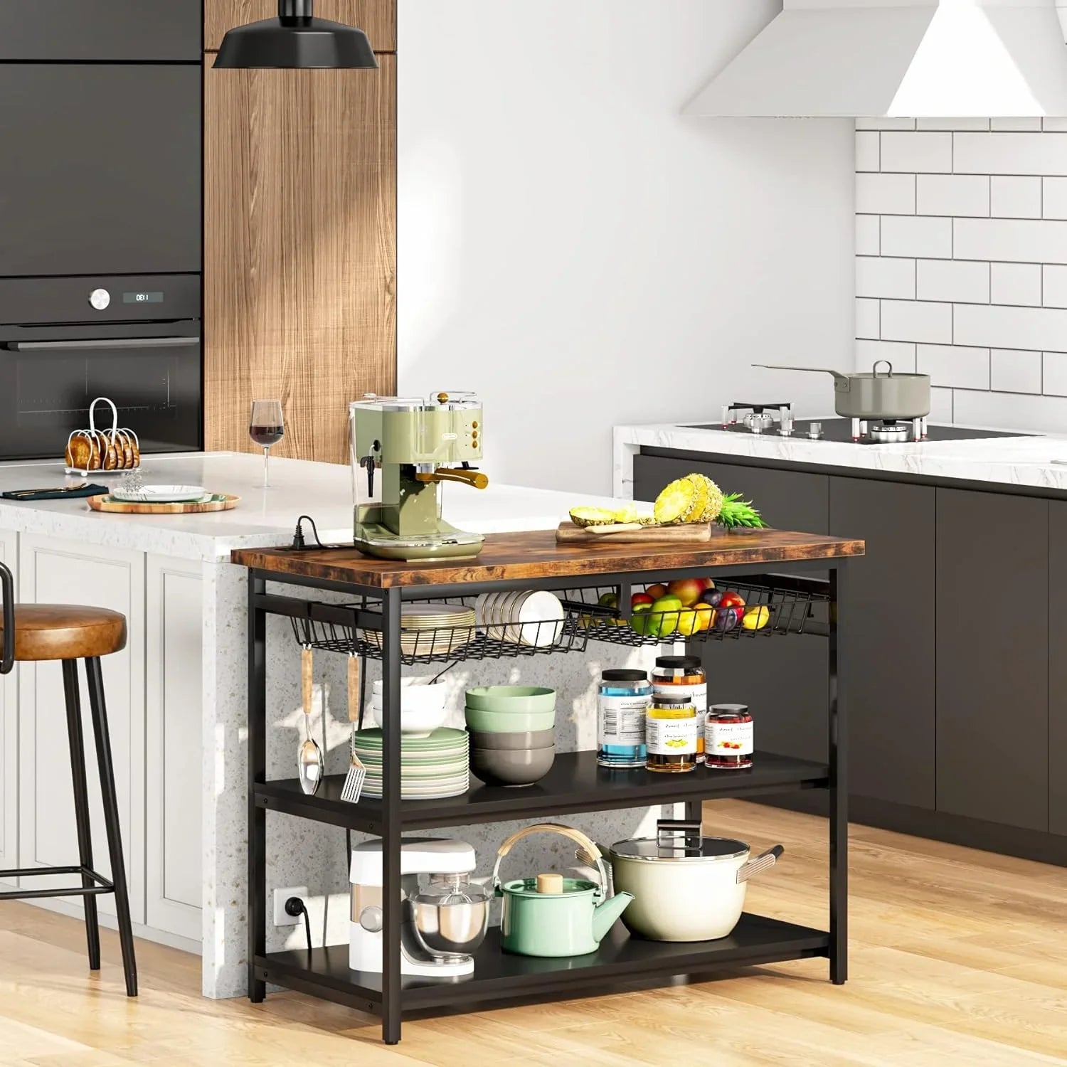 TJUNBOLIFE Kitchen Island with Industrial Island Table with Power Outlets and Wire Baskets 3 Tier Microwave Oven Stand Butcher Block Island with Large Worktop 4 Hooks Rustic Brown