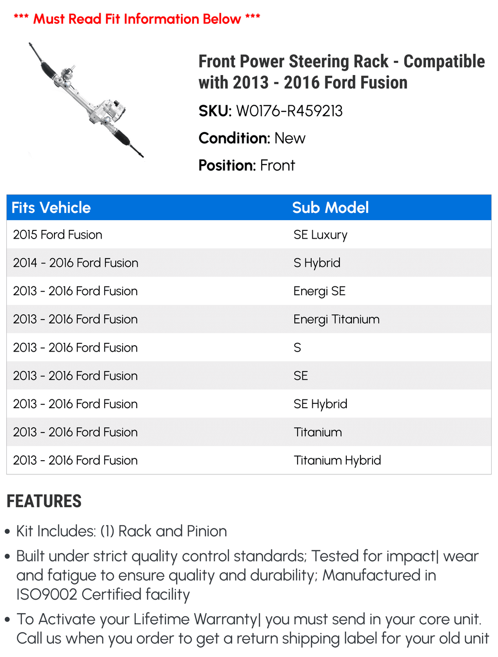 Front Electric Power Steering Rack - Compatible with 2013 - 2016 Ford Fusion 2014 2015