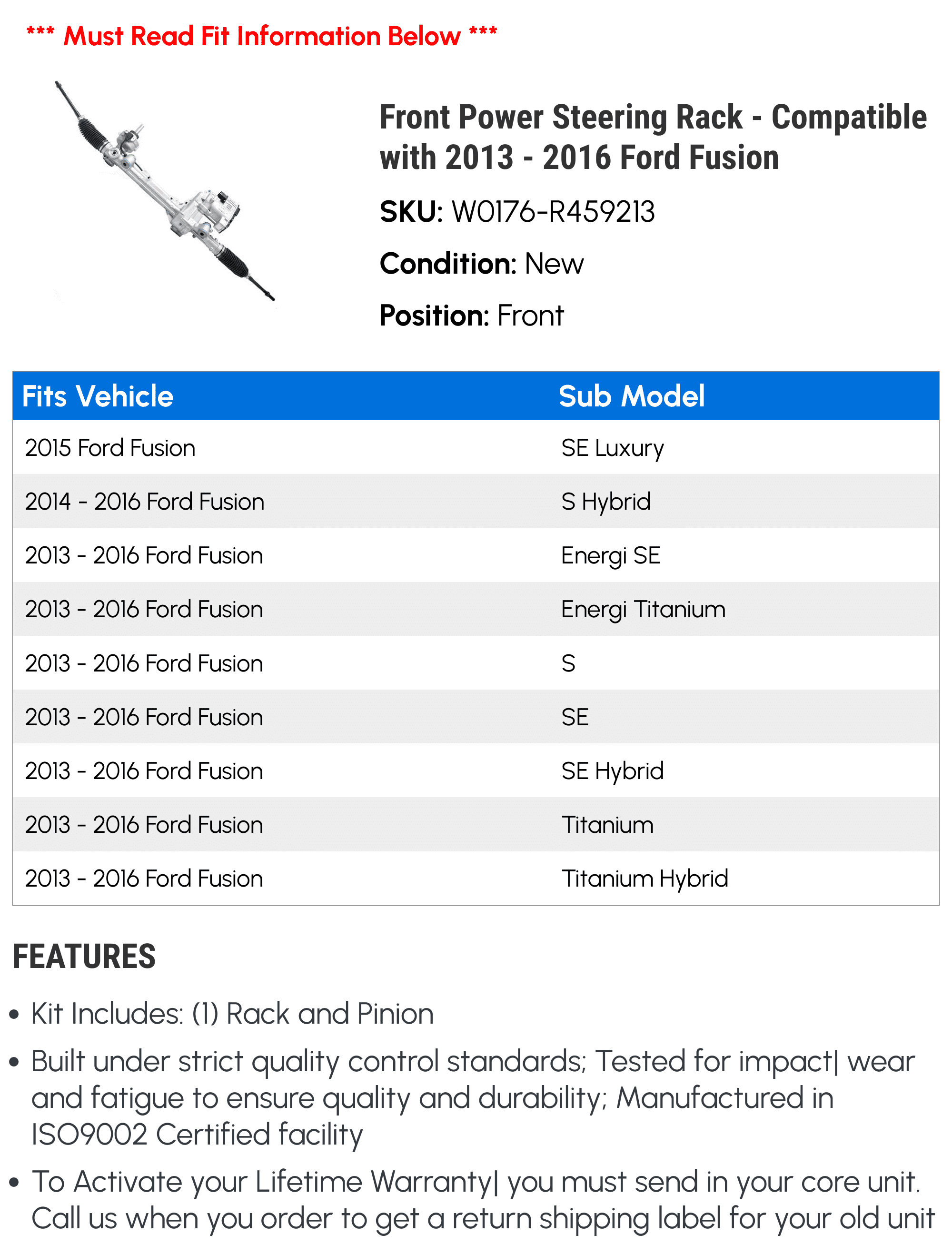 Front Electric Power Steering Rack - Compatible with 2013 - 2016 Ford Fusion 2014 2015