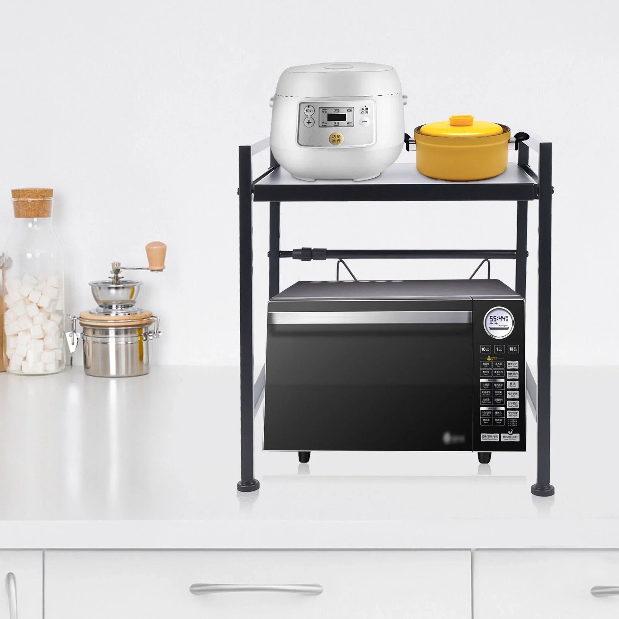 14.5~22.8 inch Microwave Oven Rack, Single Tier Countertop Microwave Oven Rack, Metal Shelf Kitchen Gentlemen Storage Cabinet Stand, Expandable Retractable Microwave Oven Rack
