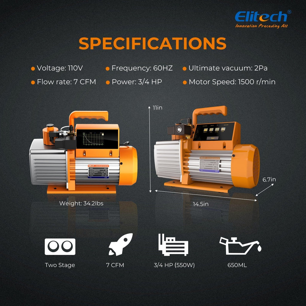 Elitech Intelligent HVAC Vacuum Pump 7 CFM 2 Stage Vacuum Gauge App Control, SVP-7