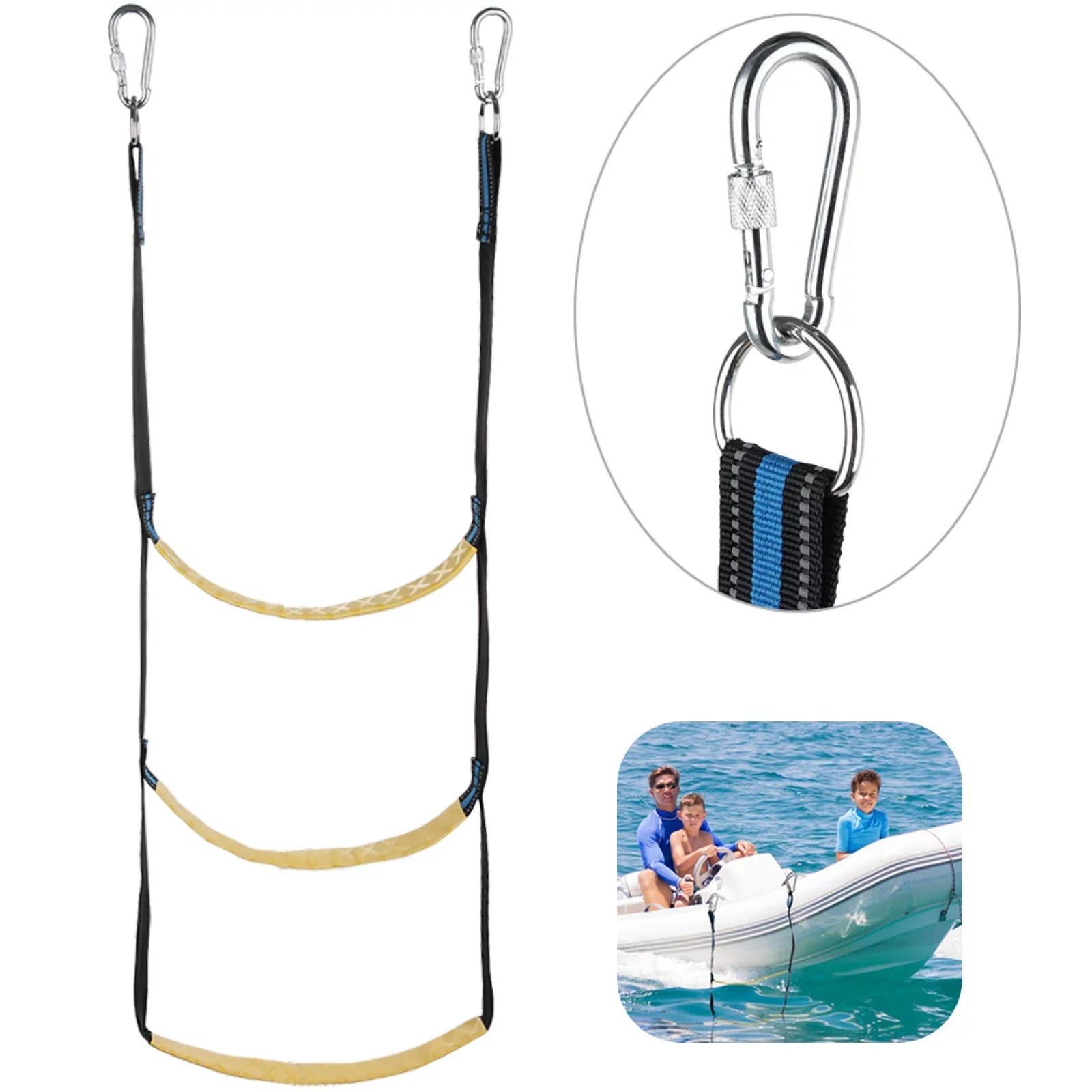 Marine Boat Rope Ladder, 3-Step Portable Rope Boarding Ladder, Folding Climbing Ladder for Inflatable Boat, Sailboat, Kayak, Canoeing, Motorboat