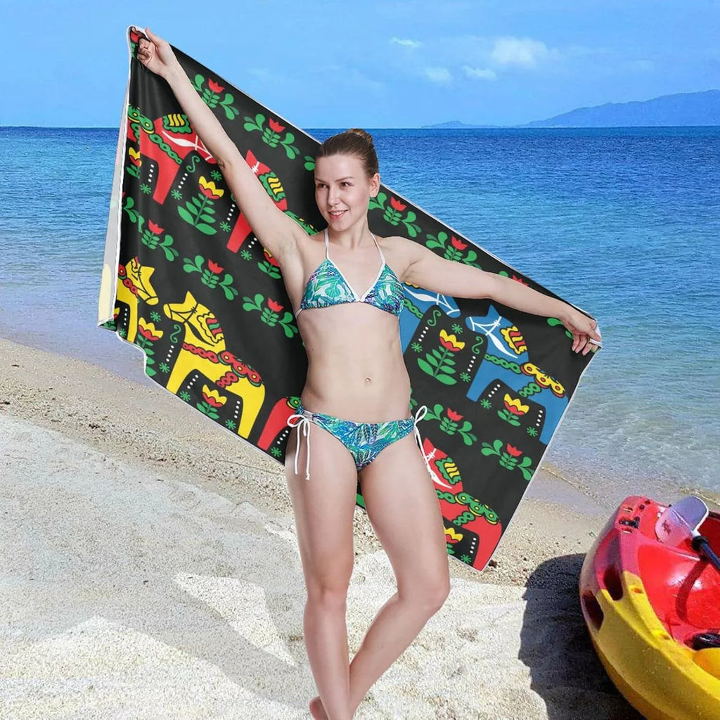 Bestwell Swedish Dala Horse Beach Towel - Lightweight Compact Oversized Travel Towels - Super Absorbent Quick Dry Towel for Swimming Camping Holiday（350）
