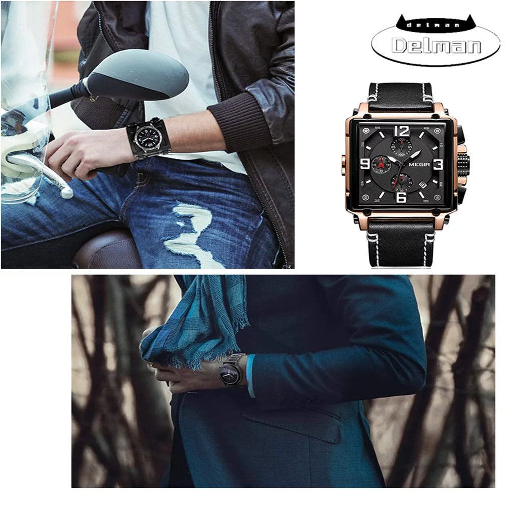 People Fashion Leather Strap Mineral Watches Luxury Square Face Chronograph Wristwatch Casual Waterproof Luminous Watch for Man
