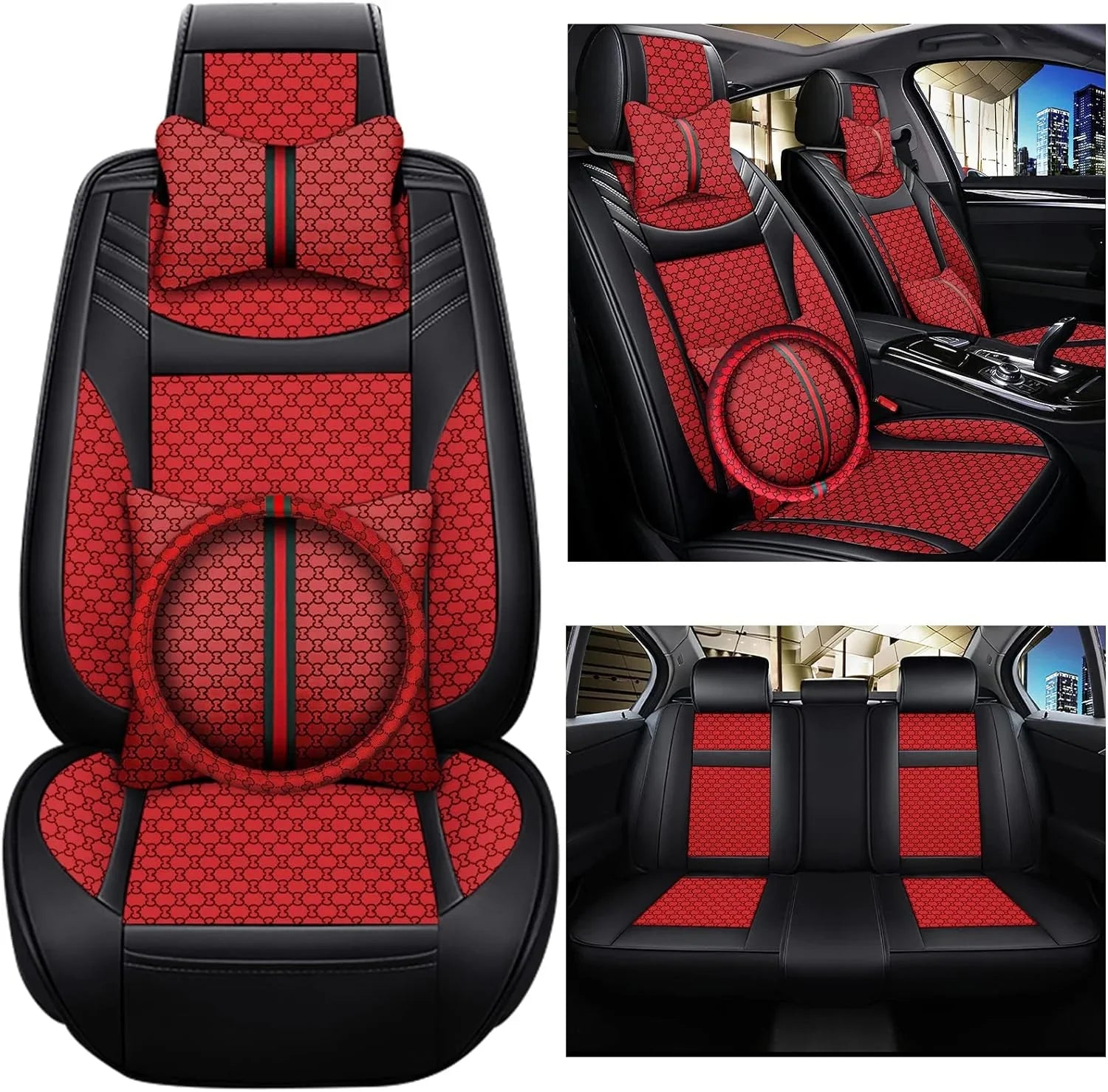 KABUQI Guc ci,same model Termination Luxury Seat Covers Full Set Leather Fit Automotive Seat Covers & Accessories for 5 Seat Cars SUV Pick-up Trucks, Pillows and Steering Wheel Cover Included(Gray)