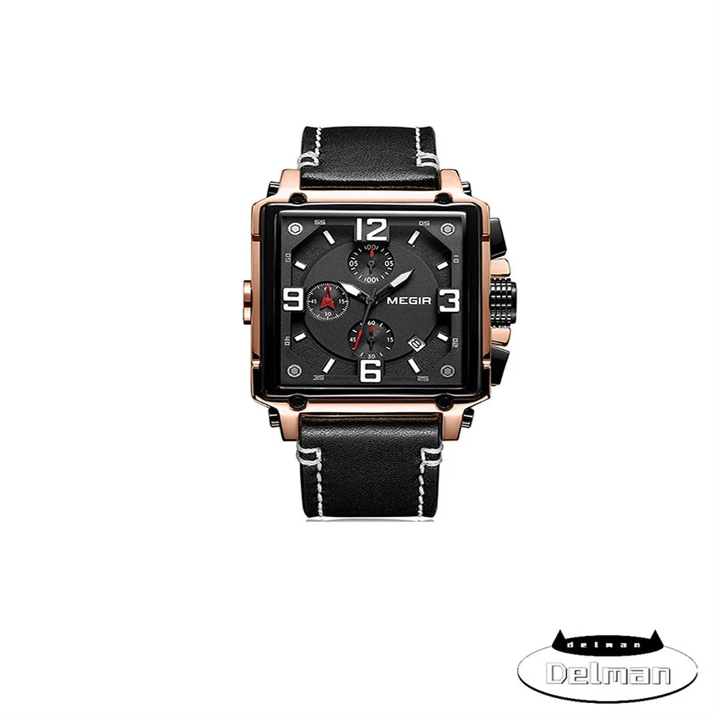 People Fashion Leather Strap Mineral Watches Luxury Square Face Chronograph Wristwatch Casual Waterproof Luminous Watch for Man