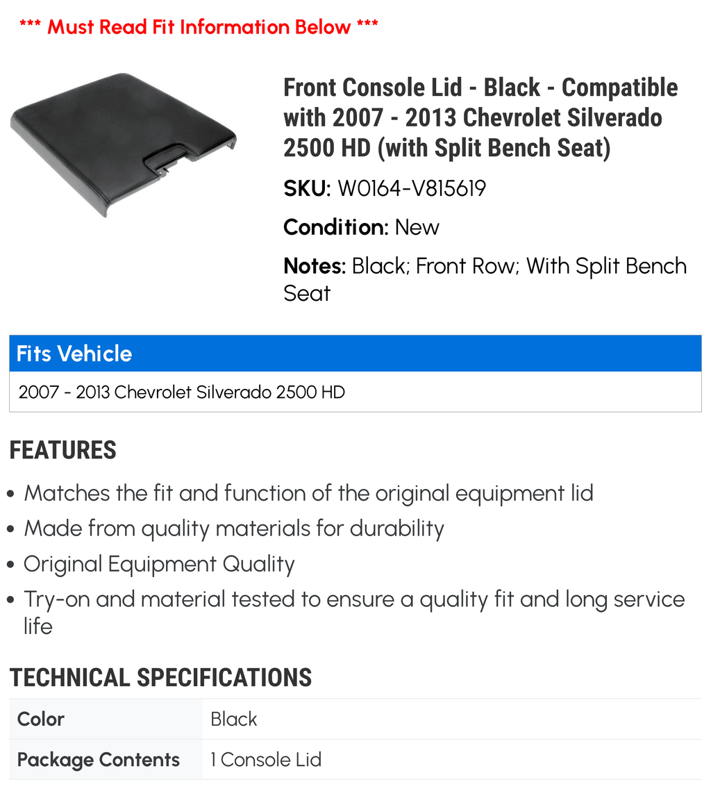 Front Console Lid - Ebony - Compatible with 2007 - 2013 Chevy Silverado 2500 HD (with Split Bench Seat) 2008 2009 2010 2011 2012
