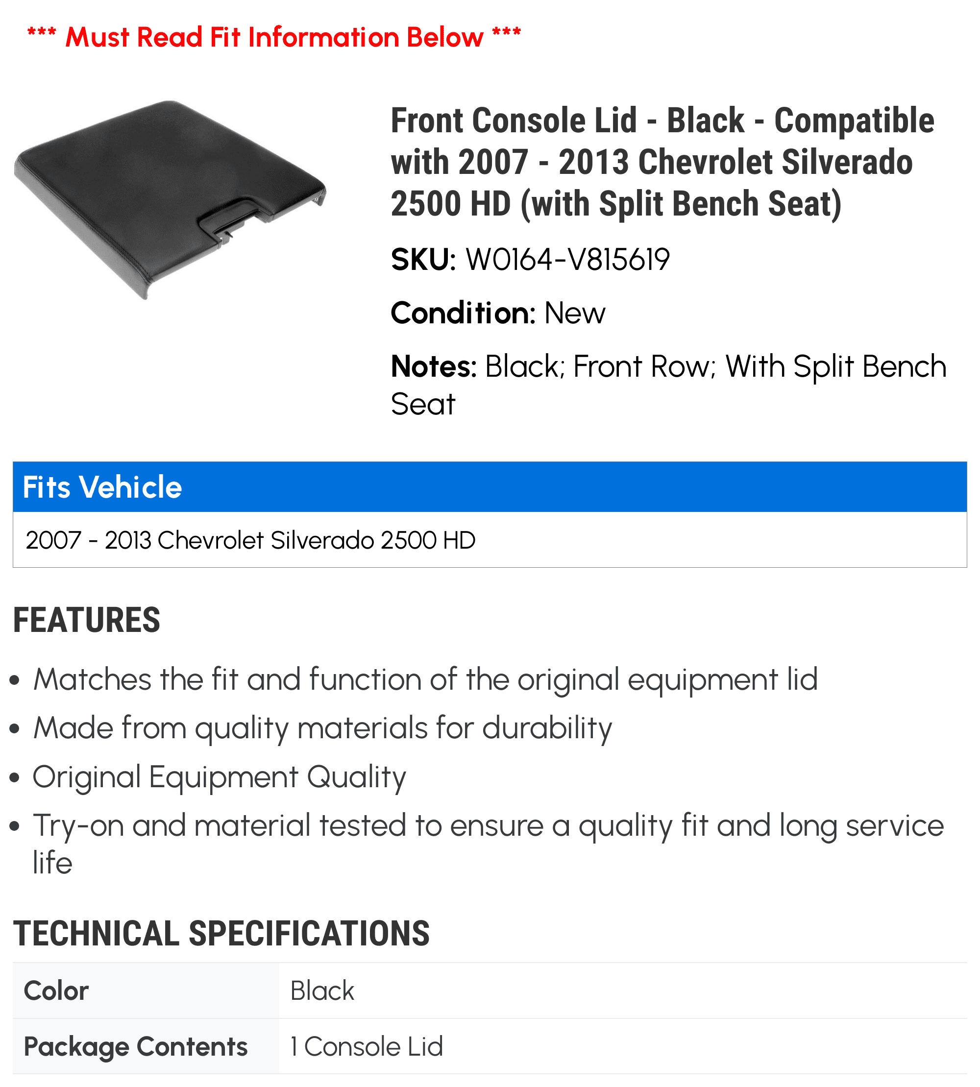 Front Console Lid - Ebony - Compatible with 2007 - 2013 Chevy Silverado 2500 HD (with Split Bench Seat) 2008 2009 2010 2011 2012