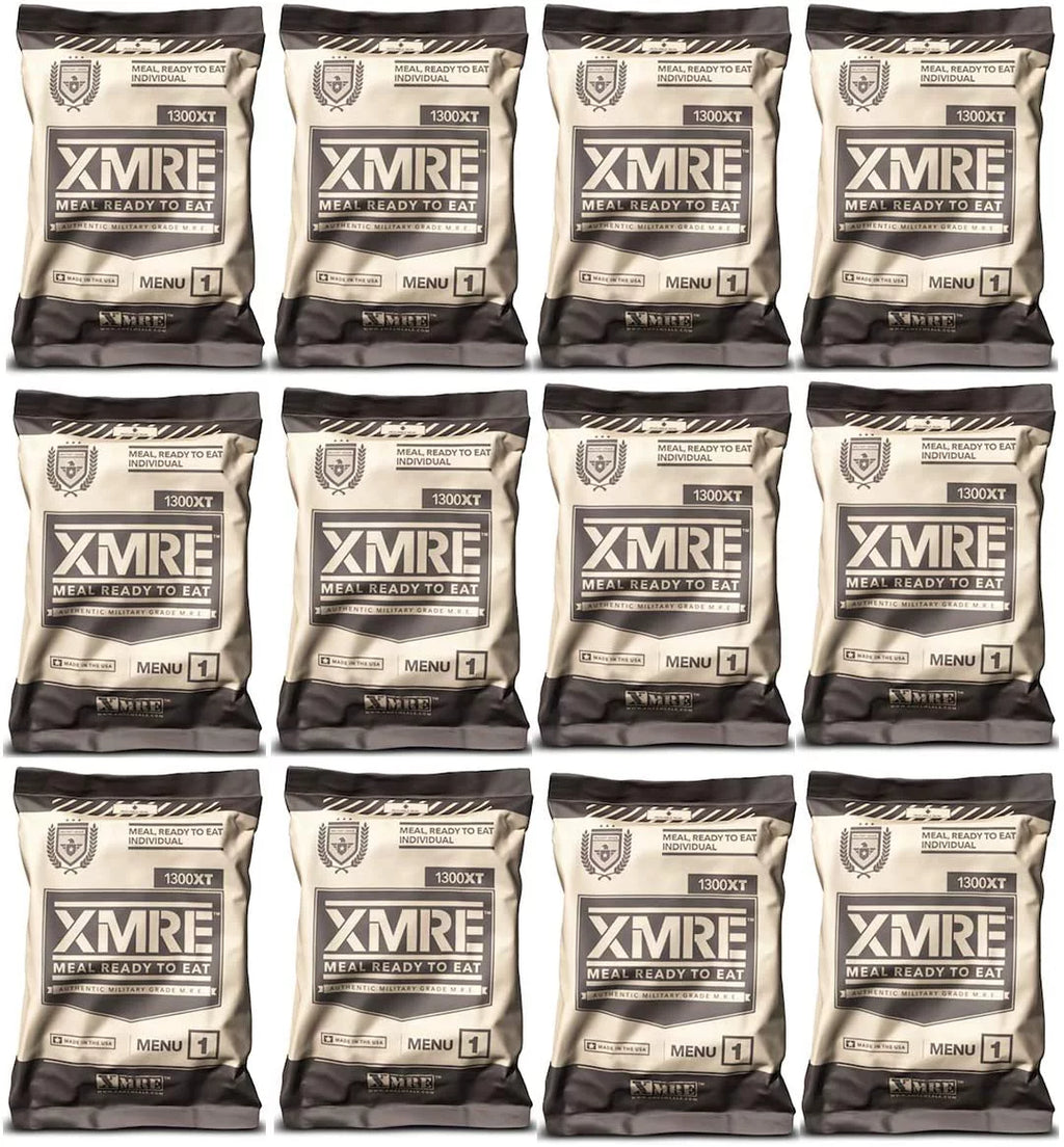 XMRE 1300XT Freshly Packed in the Past 60 Days MRE Meals Ready to Eat. 12 Meals per Case. Includes Individuals of Delicious Entrees, Side Dishes, Beverage Mix, Military Style 1300 Calories.