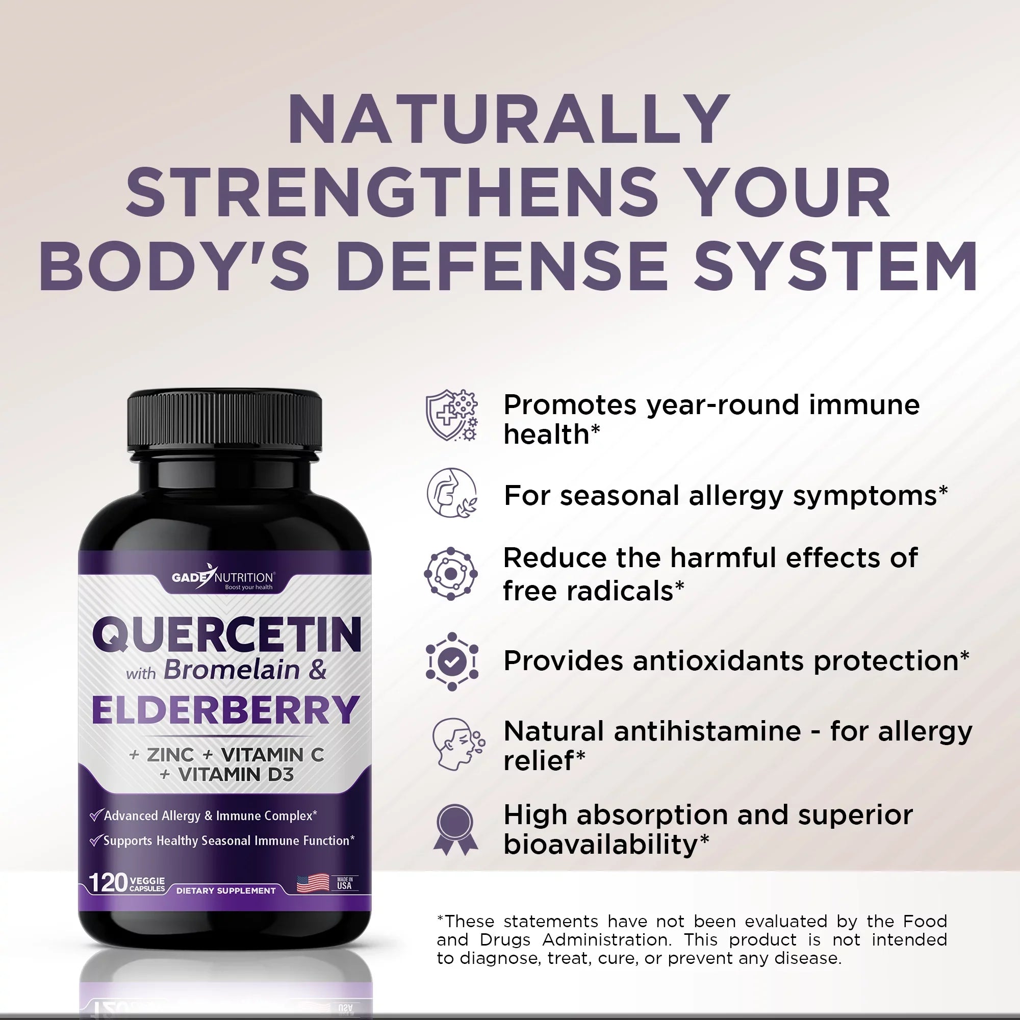 Quercetin with Vitamin C and Zinc - Elderberry - Quercetin 500mg - Quercetin with Bromelain - Zinc Quercetin - Vitamin D3 - 6 in 1 Daily Immune Support, Non-GMO, Gluten-Free - USA - 4 Months Supply