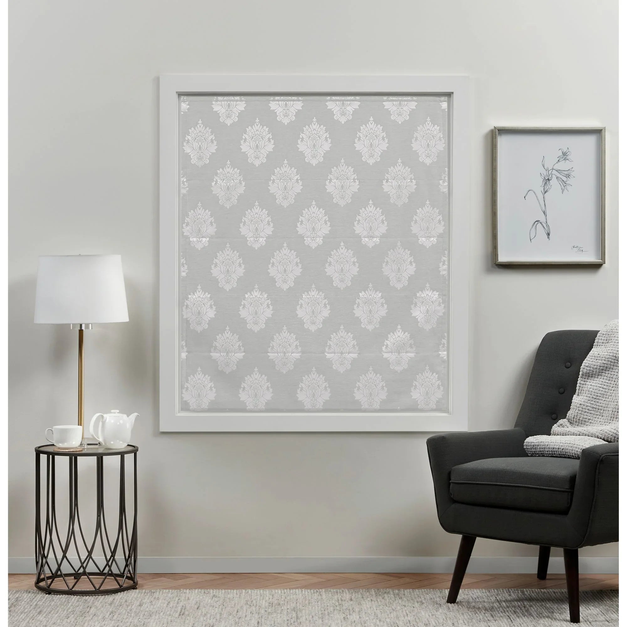 Exclusive Home Marseilles Damask 100% Dark Roman Shade, 34"x64", Silver
