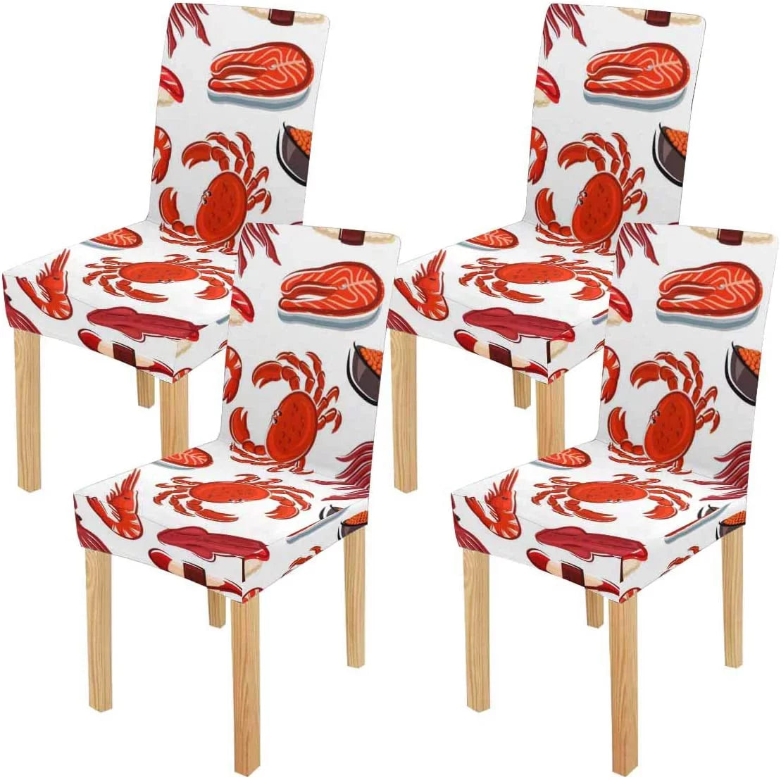 FMSHPON Salmon Steaks Shrimps Crabs Squids Sushi Stretch Chair Cover Protector Seat Slipcover for Dining Room Hotel Wedding Party Set of 4