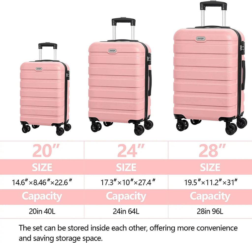 Luggage Sets 3 Piece AnyZip PC ABS Hardside Lightweight Suitcase with 4 Universal Wheels TSA Lock Carry On 20 24 28 Inch Midnight