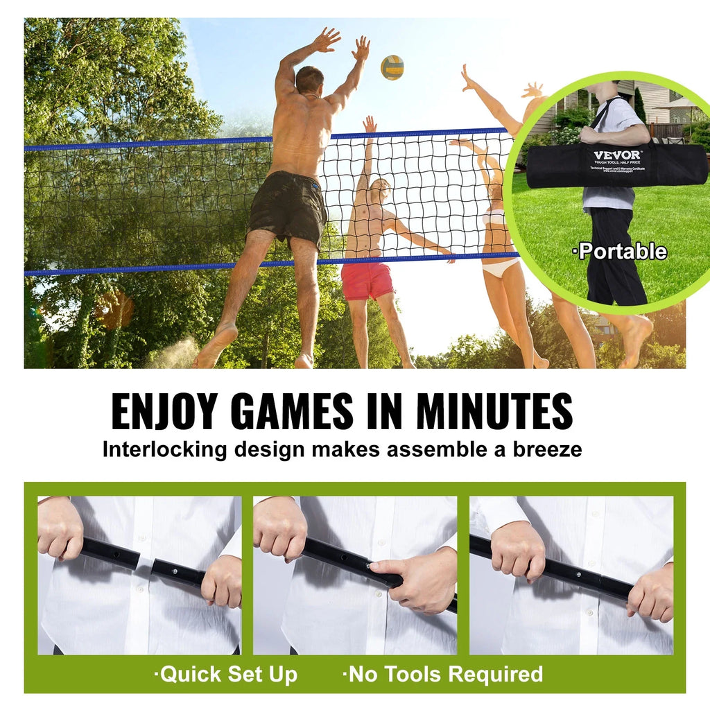 BENTISM 32ft x 3ft Portable Volleyball Net System Adjustable Height Poles with PVC Volleyball, Carrying Bag, Boundary Lines, Steel Poles & Pump for Outdoor Sports