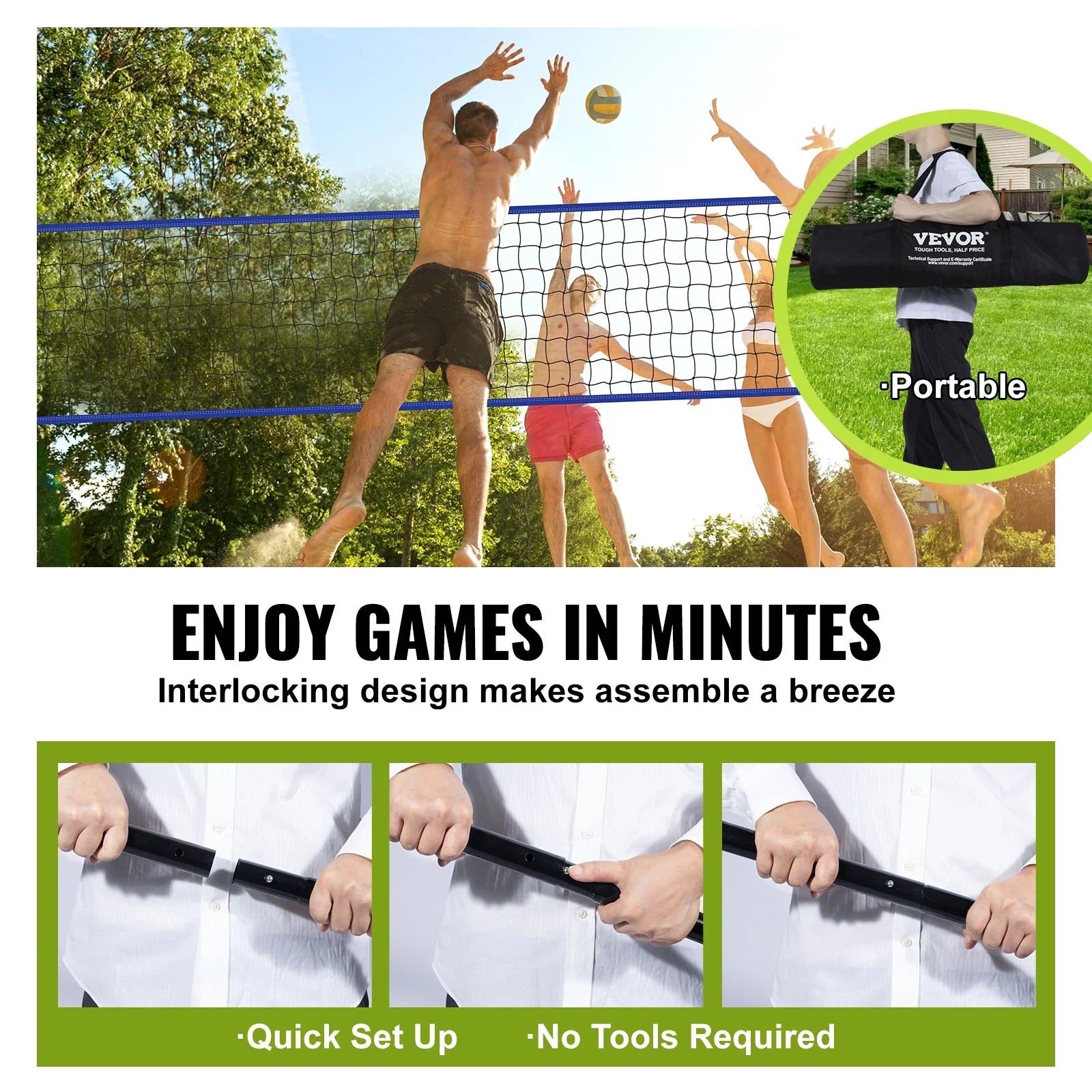 BENTISM 32ft x 3ft Portable Volleyball Net System Adjustable Height Poles with PVC Volleyball, Carrying Bag, Boundary Lines, Steel Poles & Pump for Outdoor Sports