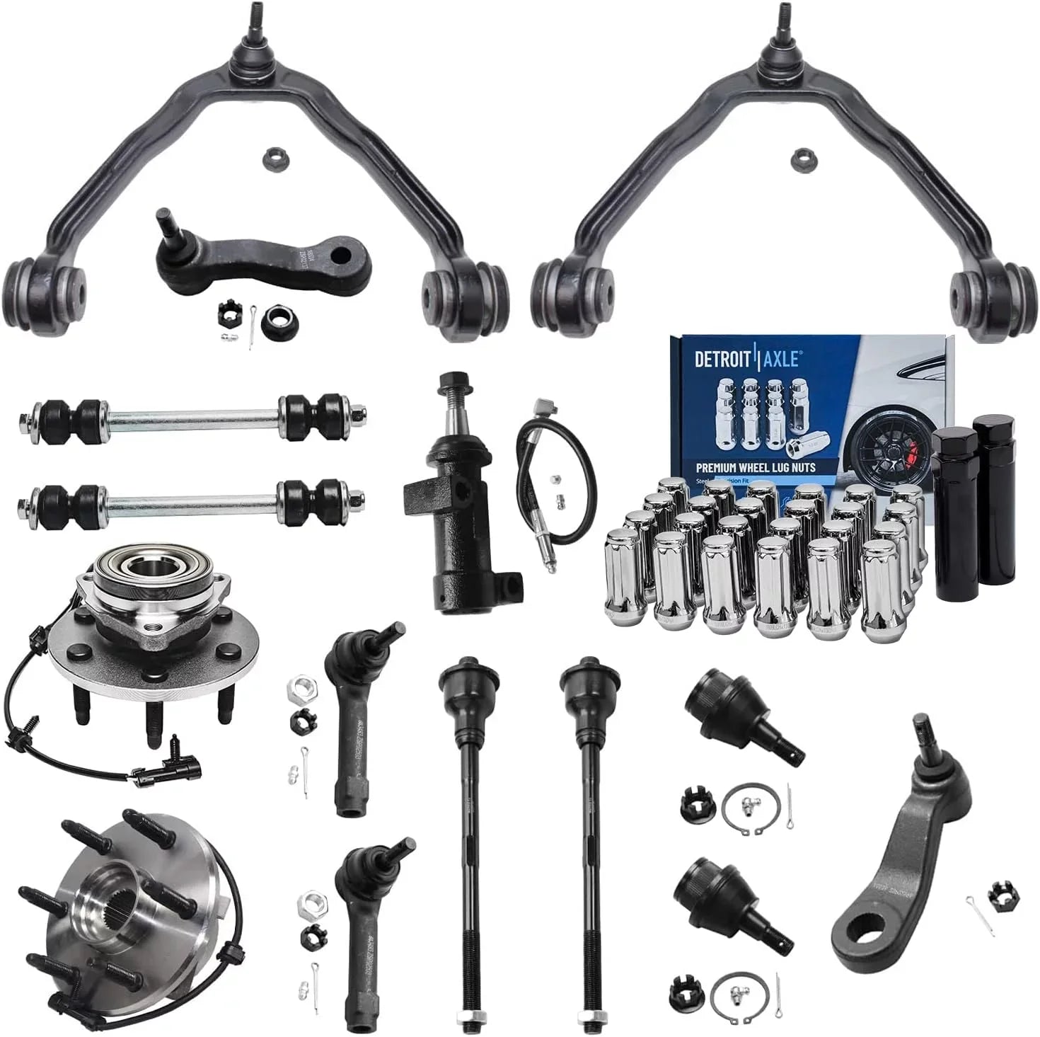 Detroit Axle - 4WD Front Wheel Hubs Control Arms Suspension Kit + 24pc Lugnuts w/Keys Individuals for 2000-2006 Tahoe Escalade Silverado Sierra 1500