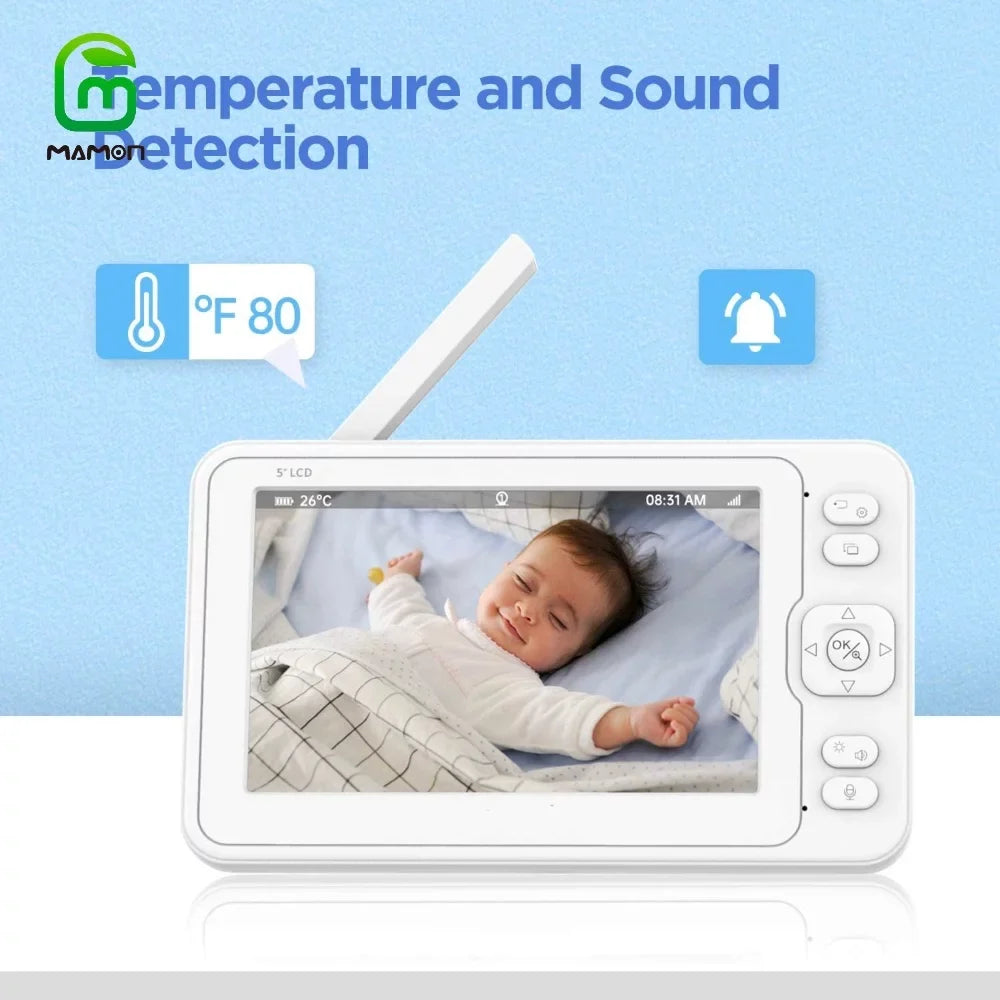MAMON Video Baby Monitor with Camera and Audio 1080P 5" HD Display Two Way Talk PTZ Remote Large Battery Capacity