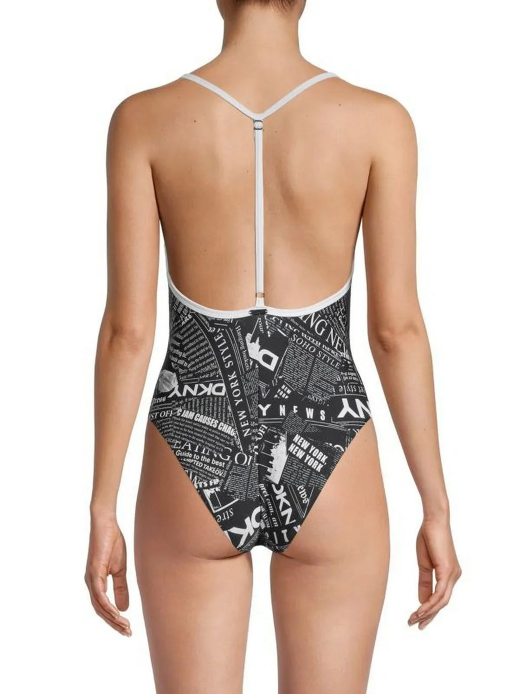 DKNY Ebony WHITE Graphic T-Back One-Piece Swimsuit, US Small
