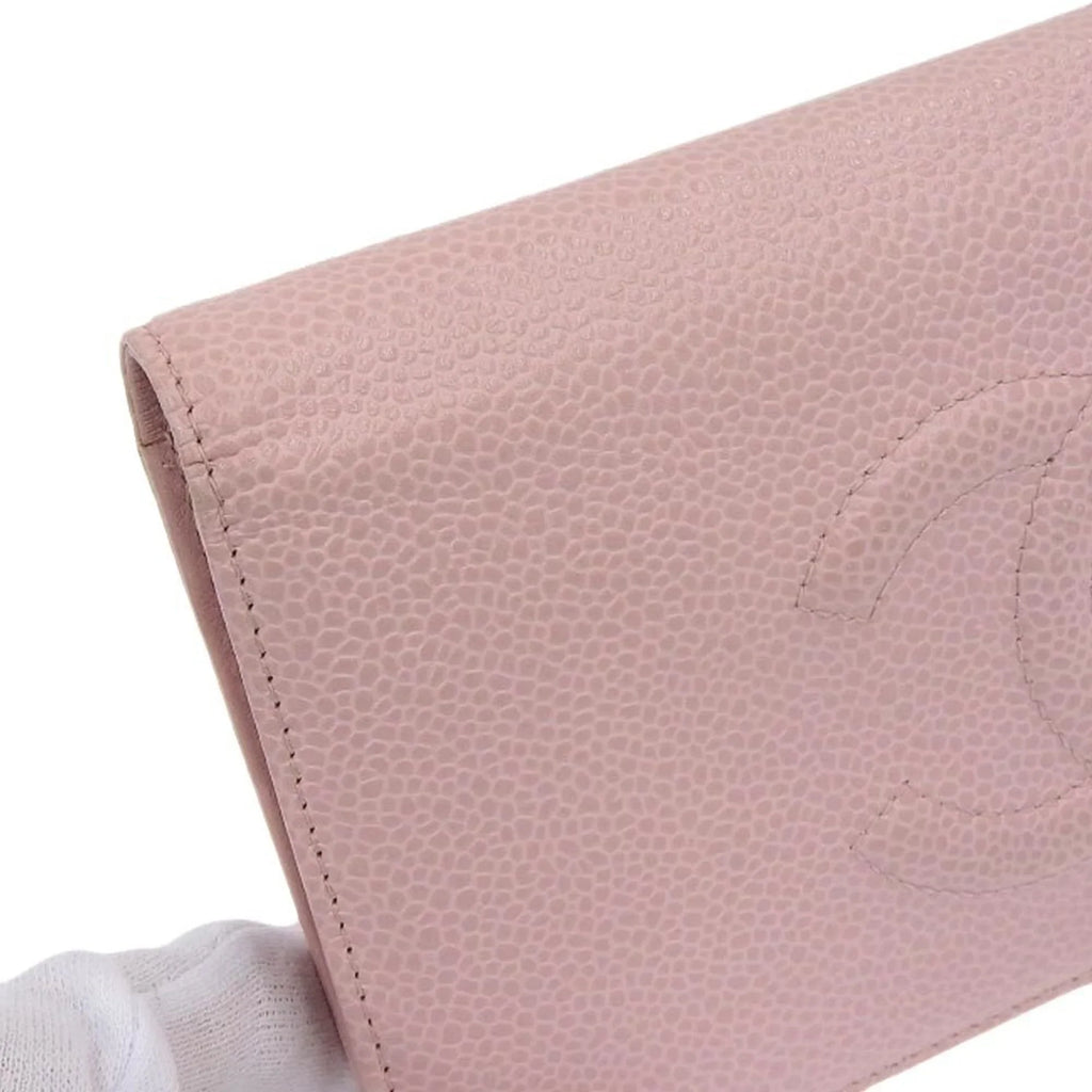 Pre-Owned Chanel CHANEL logo here mark bi-fold long wallet caviar skin pink A48651 16 series (Good)