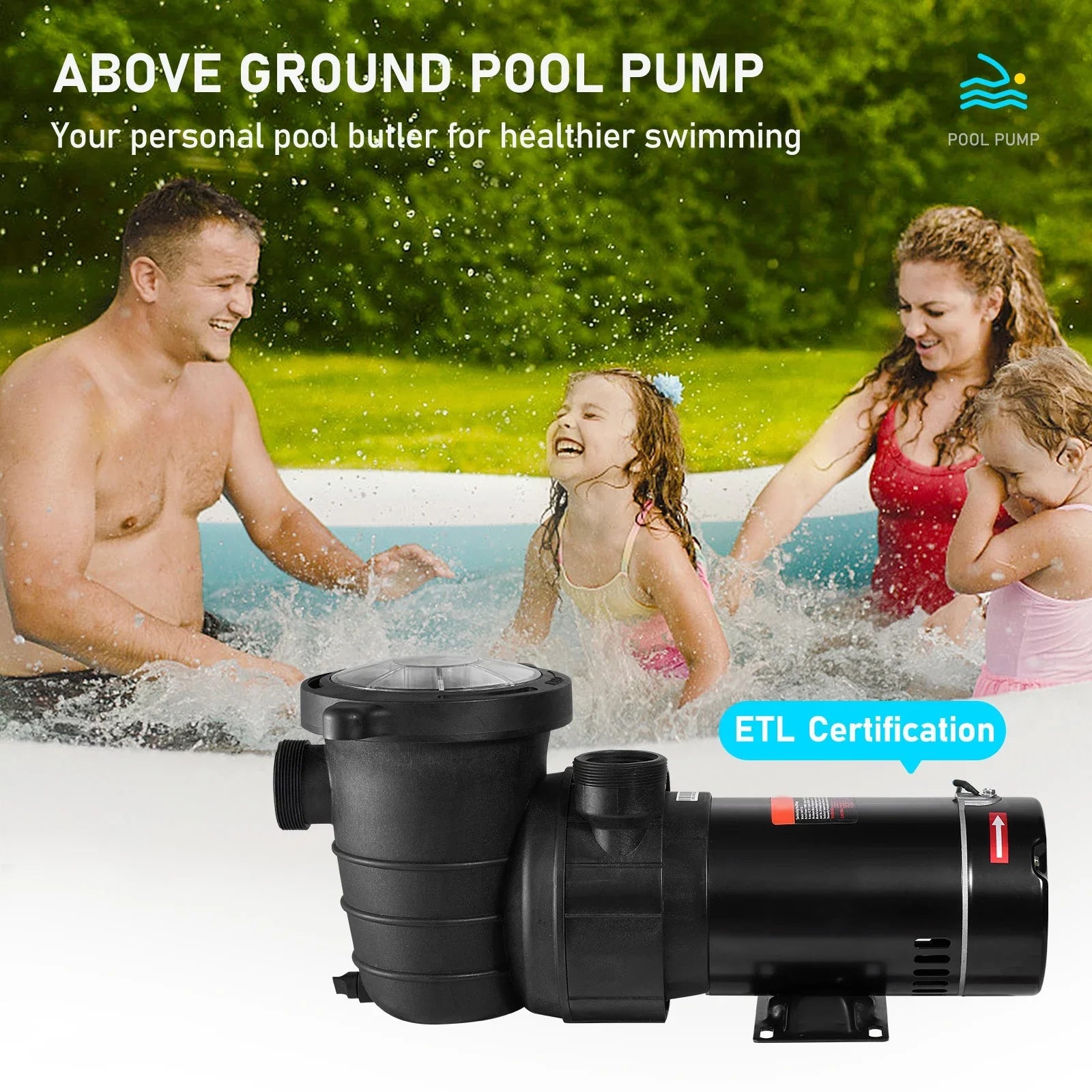 SKYSHALO Swimming Pool Pump, 1.5 HP 115 V, 1100 W Single Speed Pump for In/ Above Ground Pool w/ Strainer Basket, 5280 GPH Max. Flow, Certification of ETL for Security