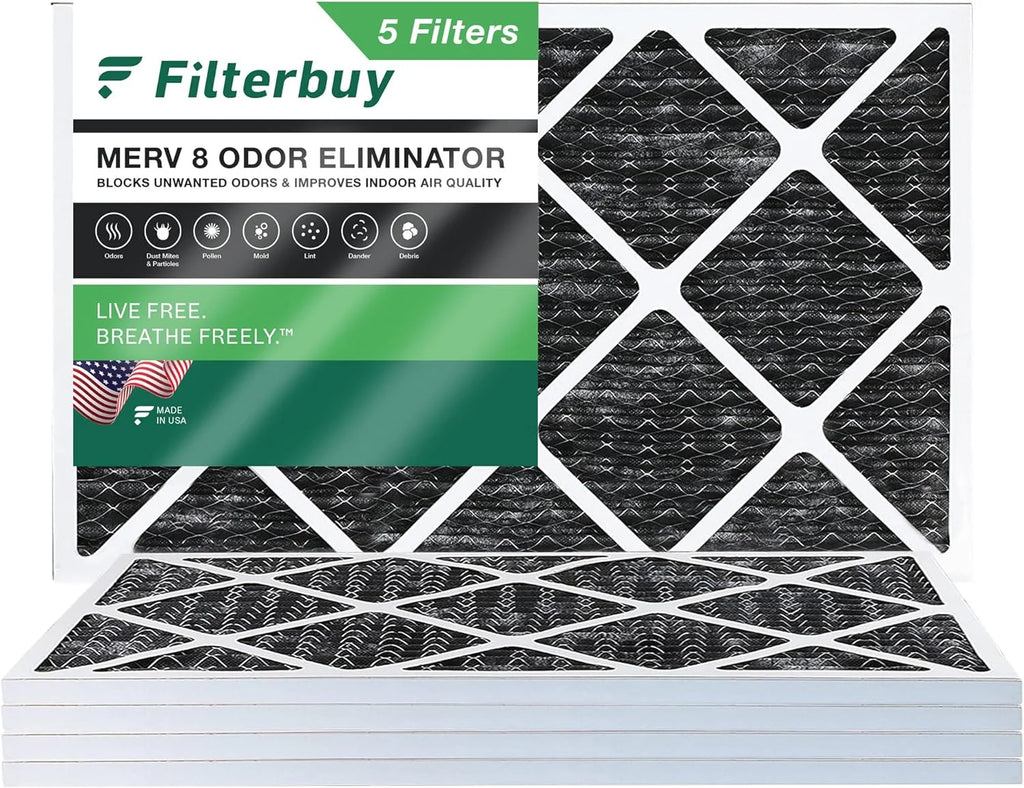 Filterbuy 12x20x1 MERV 8 Odor Eliminator Pleated HVAC AC Furnace Air Filters with Activated Carbon (5-Pack)