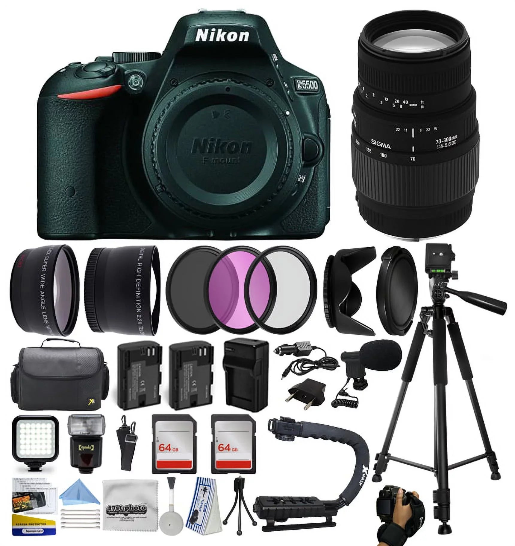 Nikon D5500/D5600 Digital Camera with 70-300mm Lens & 128GB | 2x Batteries | Charger | Backpack | Case | Filters | Microphone Bundle