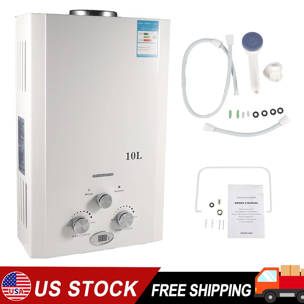 G · PEH 10L Natural Gas Tankless Hot Water Heater Instant Kitchen Boiler w/Shower Head