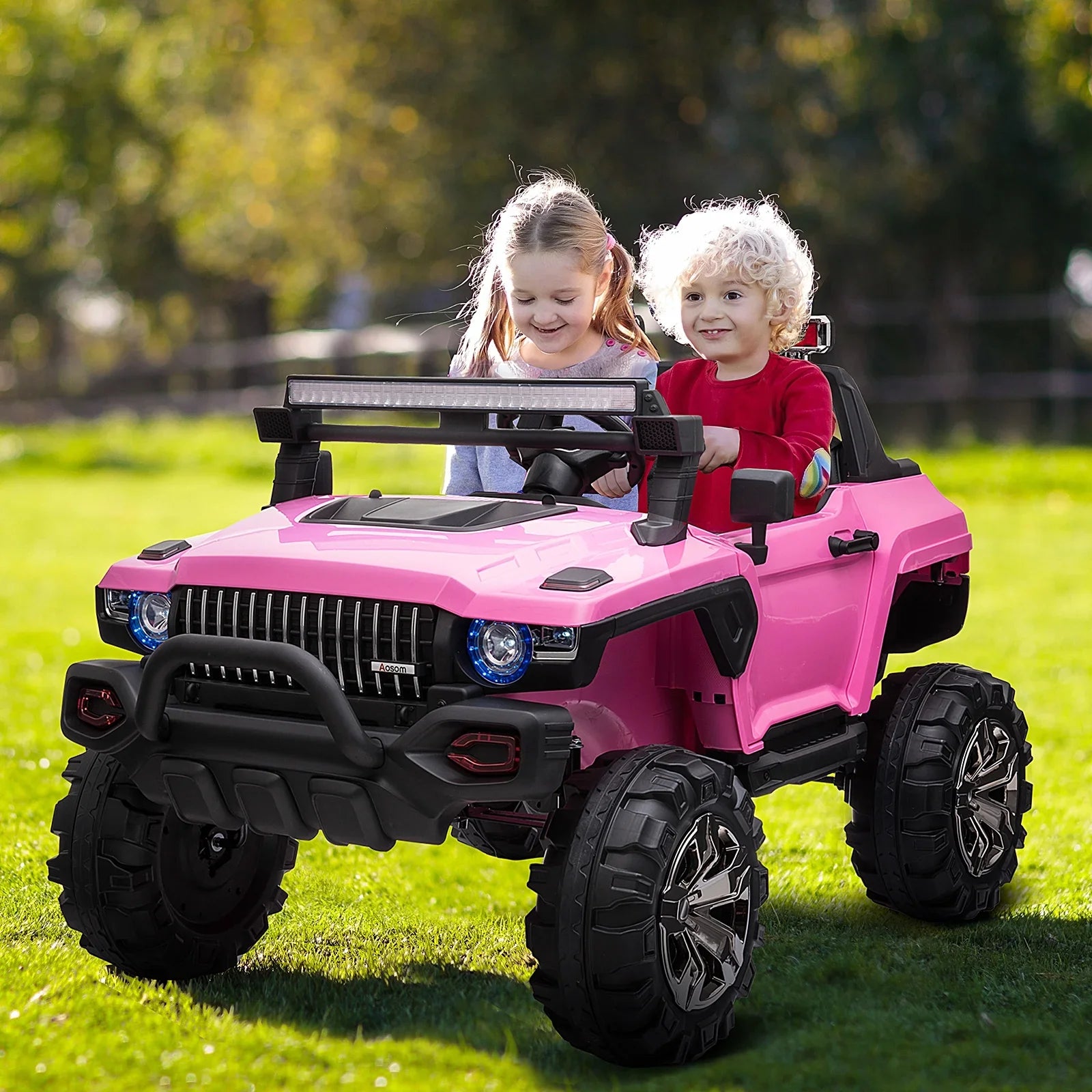 Aosom 12V Kids Electric 2-Seater Ride On Police Car SUV Truck Toy with Parental Remote Control, Pink