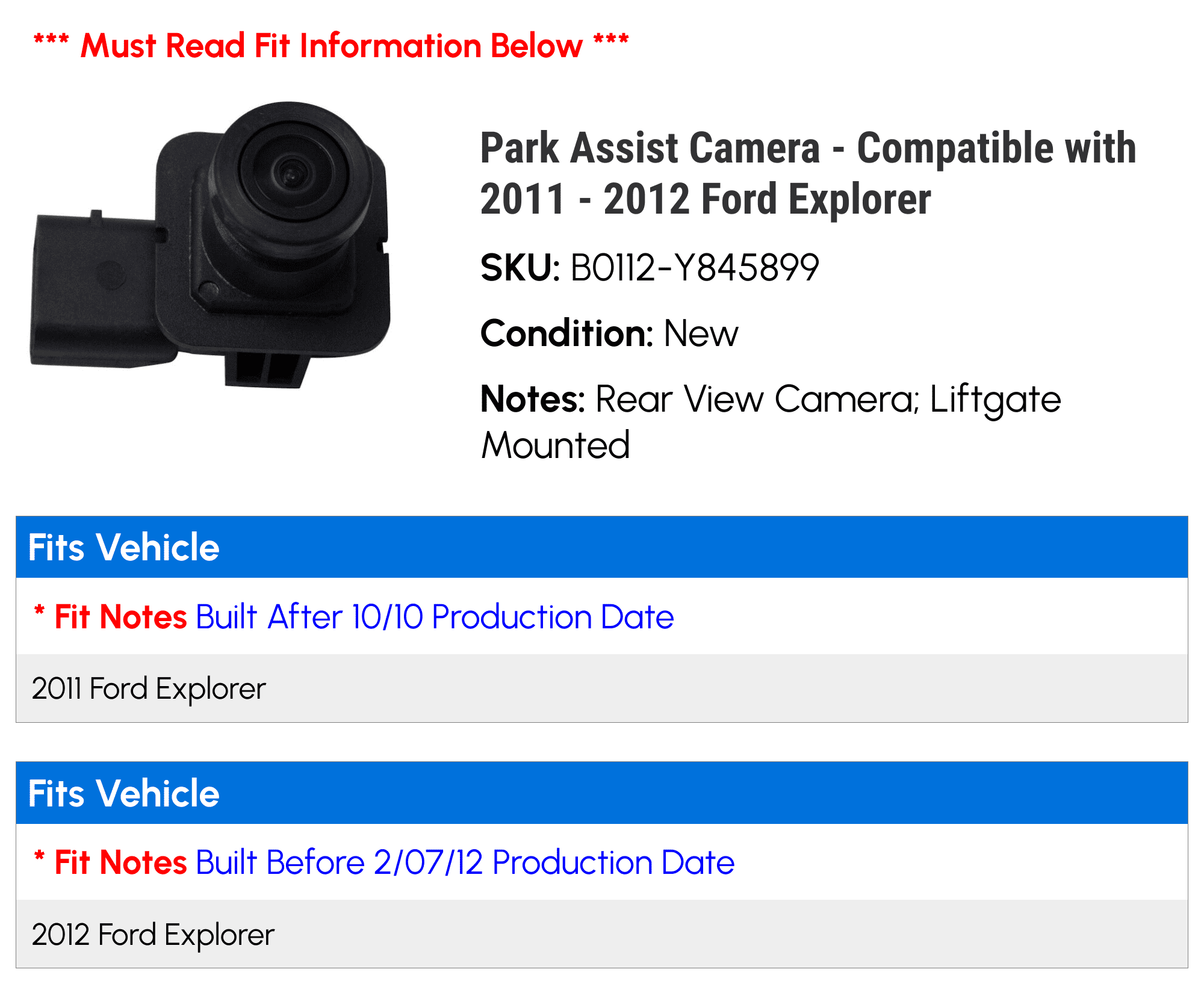 Park Assist Camera - Compatible with 2011 - 2012 Ford Explorer