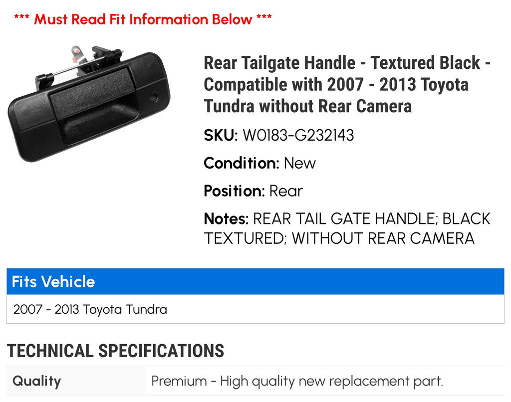 Rear Tailgate Handle - Textured Dark - Compatible with 2007 - 2013 Toyota Tundra without Rear Camera 2008 2009 2010 2011 2012