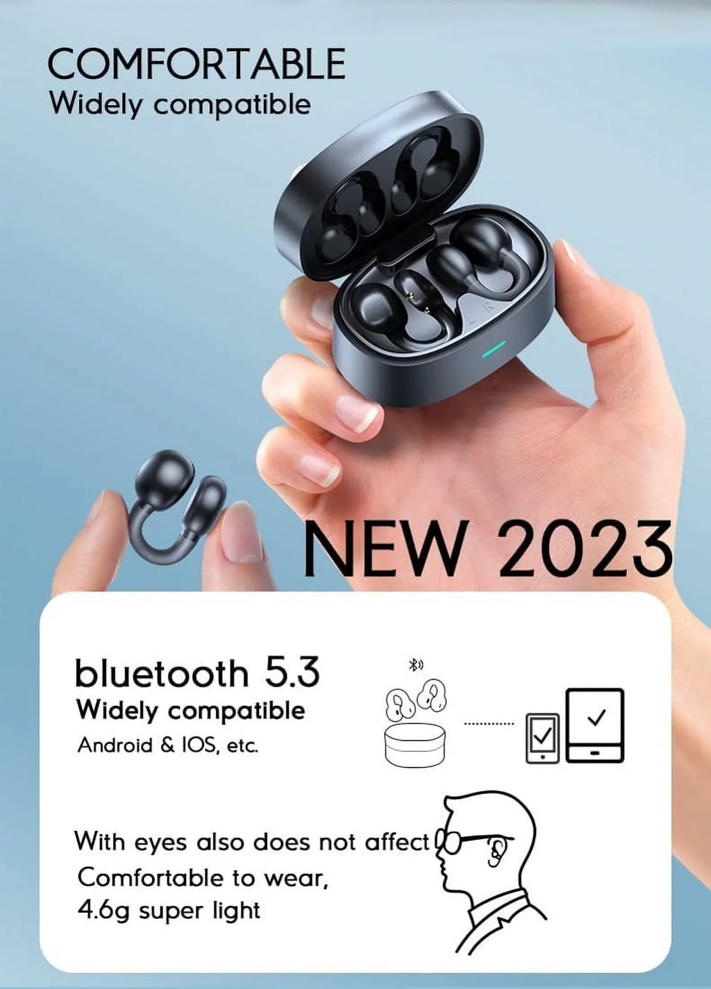 Bluetooth Earbuds Wireless Ear-Clip TWS Earphones for Motorola Moto G Power 5G (2023)/5G Stylus (2023) Phone - Bone Conduction Headphones True Stereo Charging Case Hands-free Mic B4K