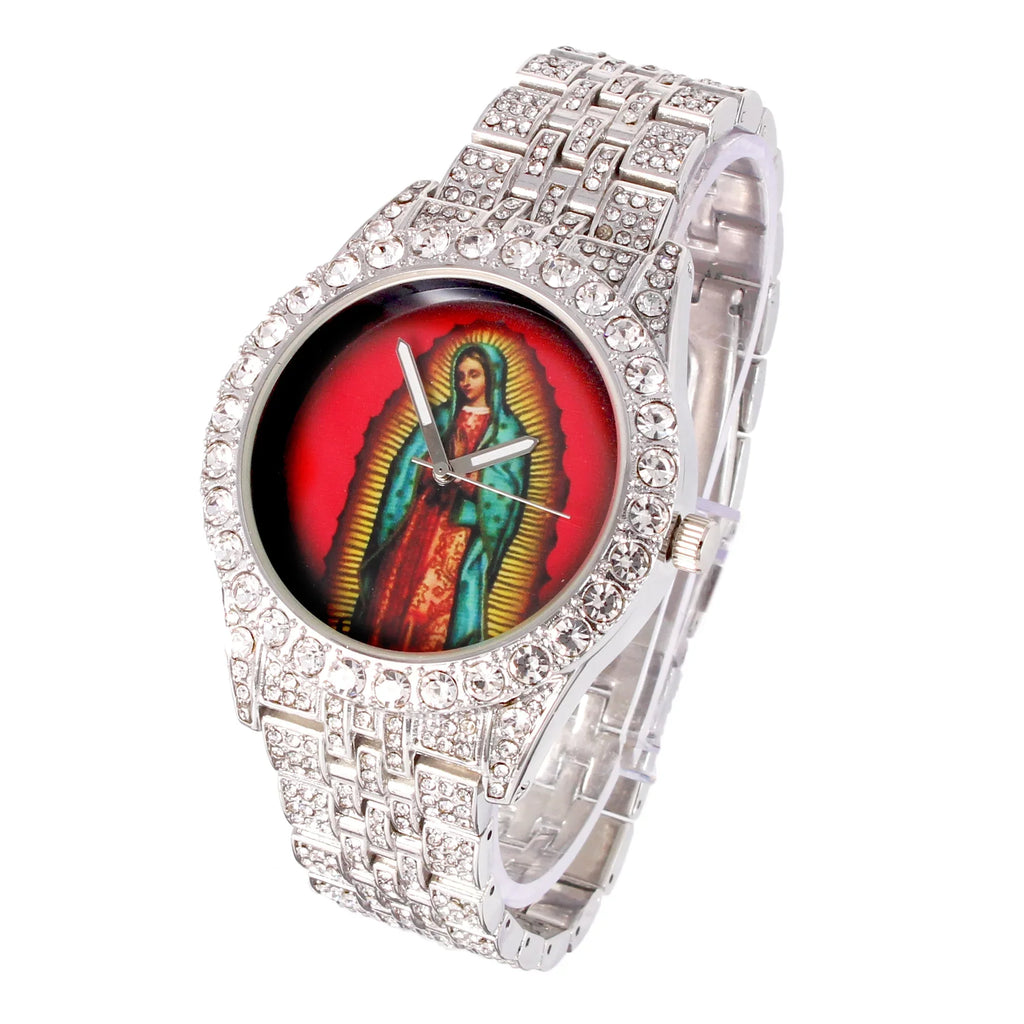 Charles Raymond The Virgin of Guadalupe Blessed Display - People Hip Hop Metal Iced Out Wristwatch - Blinged Out Big Rhinestones on Trim - ST10226 BGS Single (Silver ST10361A)