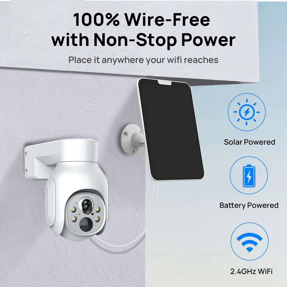 VIKVIZ 4MP Battery WiFi PTZ IP Camera Wireless 2K with Solar Panel Smart Hybrid Light Outdoor
