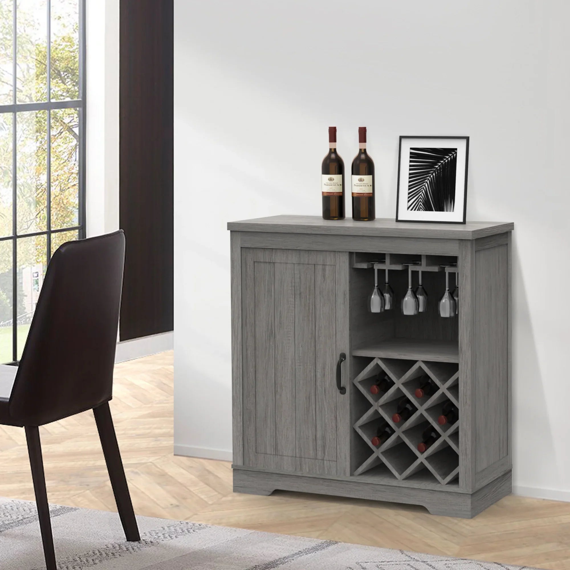 ABBSR Gray Wooden Wine Bar Storage Cabinet with Glass Holder,Wine Rack,Large Table for Decor
