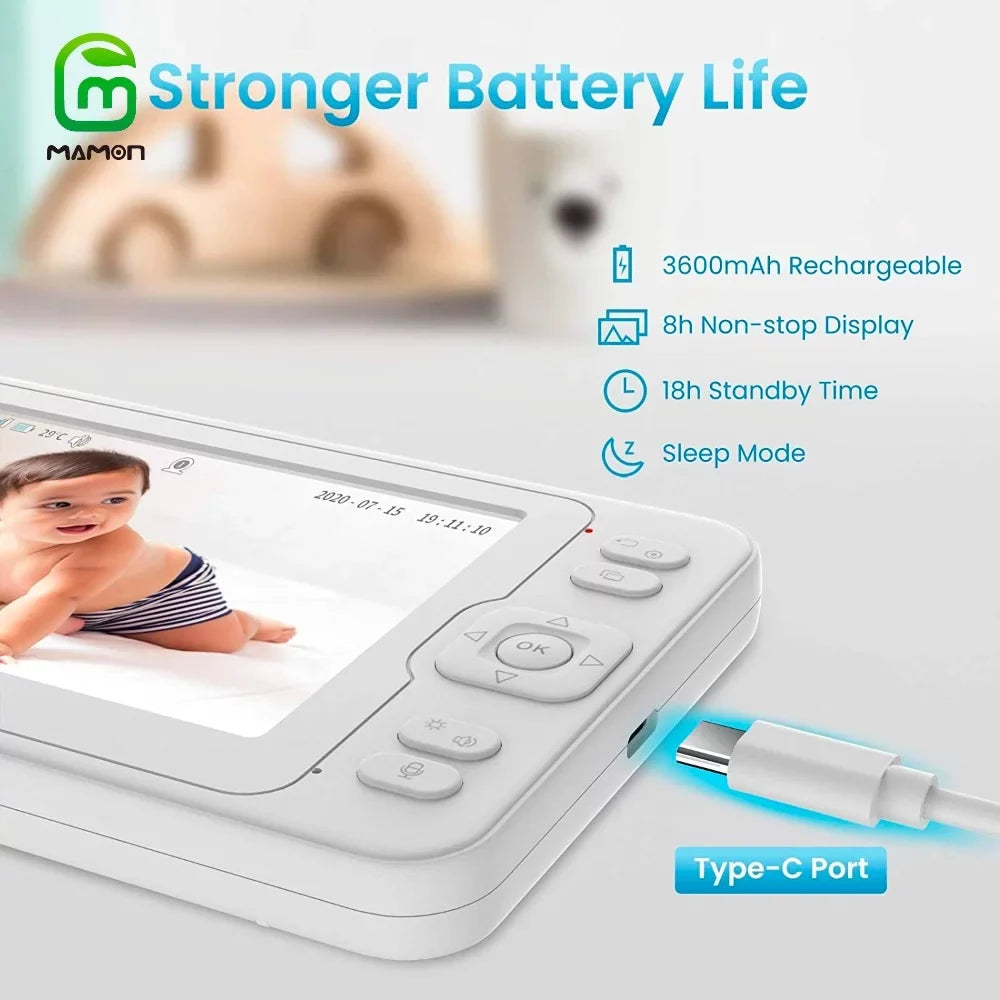 MAMON Video Baby Monitor with Camera and Audio 1080P 5" HD Display Two Way Talk PTZ Remote Large Battery Capacity