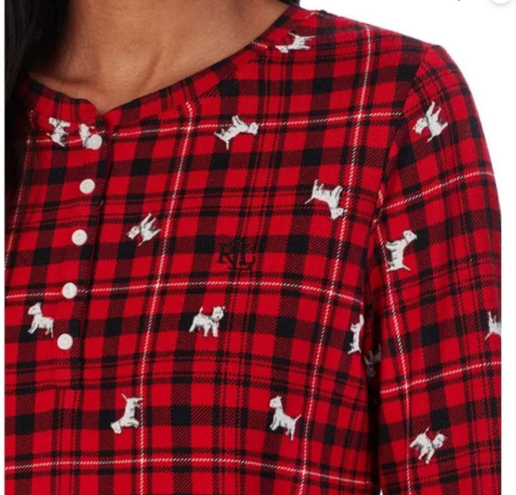 Lauren Ralph Lauren People Brushed Knit Henley Pajama Set Dog, Red Plaid, X-Small