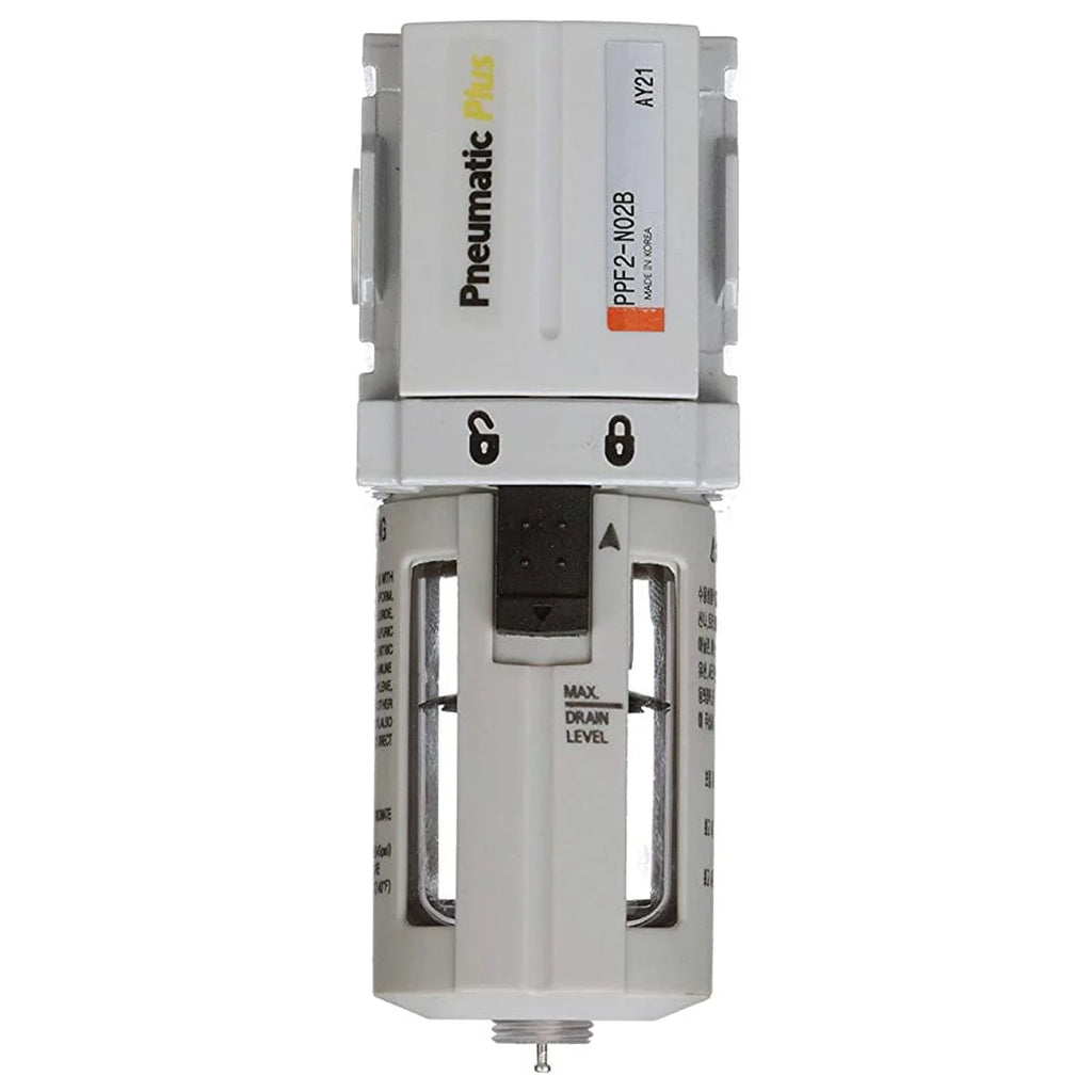PneumaticPlus PPF2-N02B Miniature Compressed Air Particulate Filter 1/4" NPT - 5 Micron, Poly Bowl, Manual Drain, Bracket