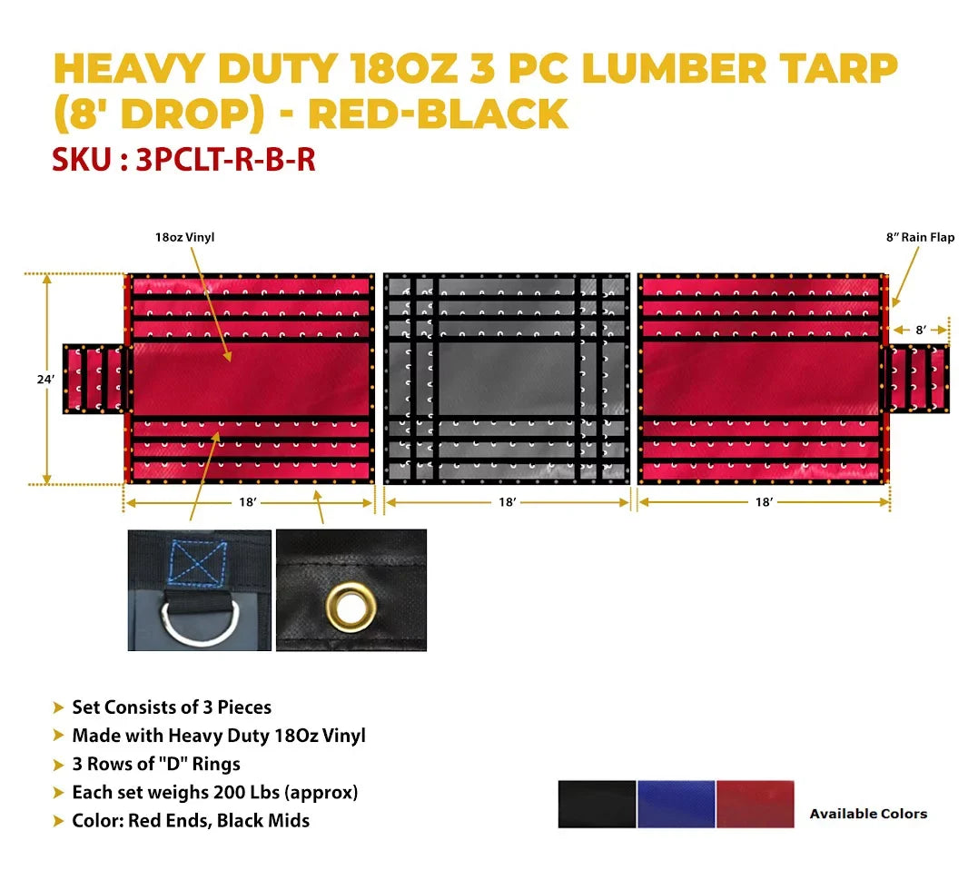 24' x 18' 3 Piece Ebony Lumber Tarp for Heavy Duty Truck Cargo - 18 Oz Vinly Flatbed Tarps with 8' Drop - Waterproof Tarp for Trailers to Protect Cargo from Wind, Rain, Snow and Sun