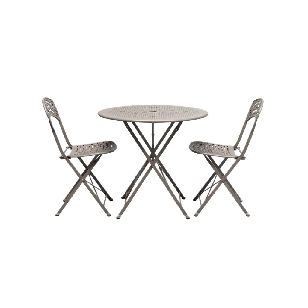 "Modern Metal Patio Table with Two Folding Chairs"