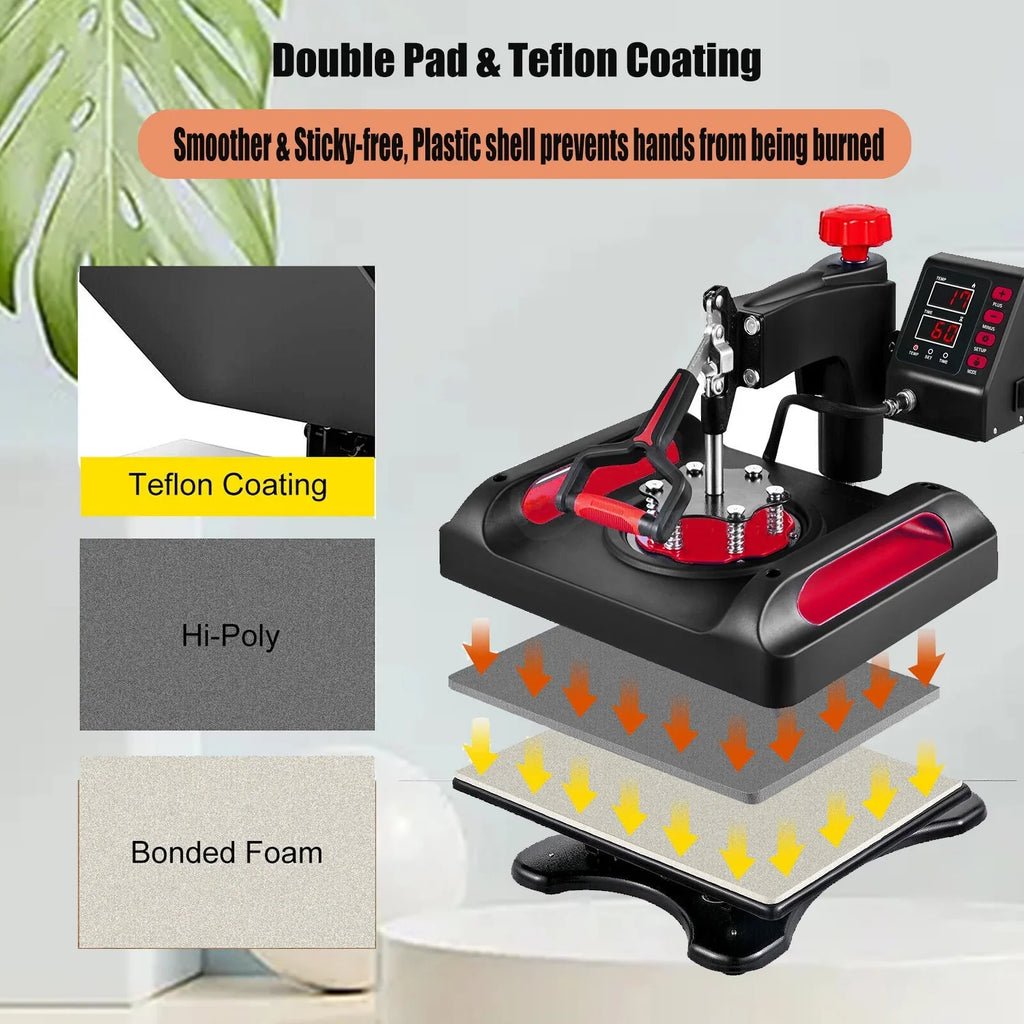 Red Heat Press Machine 8 in 1, 12 x 15 Inches Sublimation Transfer Printer, Digital Precise LCD Control Printing, 360 Swing Away Vinyl Transfer Printer for T-Shirts, Canvas Bag, Pillow, Banner