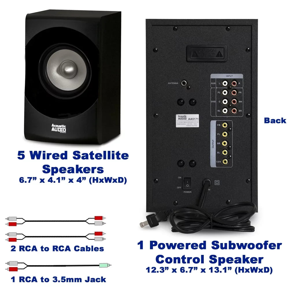 Acoustic Audio AA5171 Home Theater 5.1 Bluetooth Speaker System with FM and 4 Extension Cables