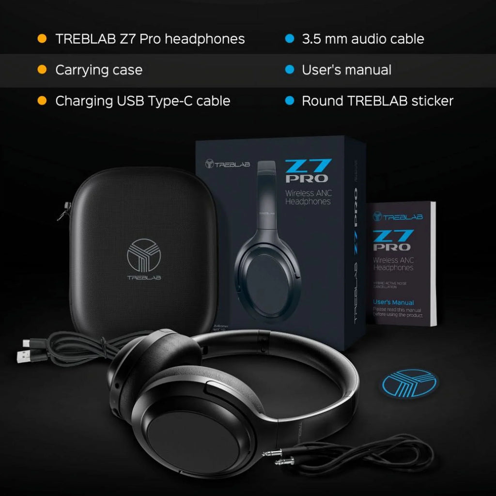TREBLAB Z7 PRO - Hybryd Active Noise Canceling Headphones with Mic - 45H Playtime & USB-C Fast Charging, ANC Wireless Over Ear Bluetooth Headphones w/aptX, Stereo Sound, Touch Control (Grey)