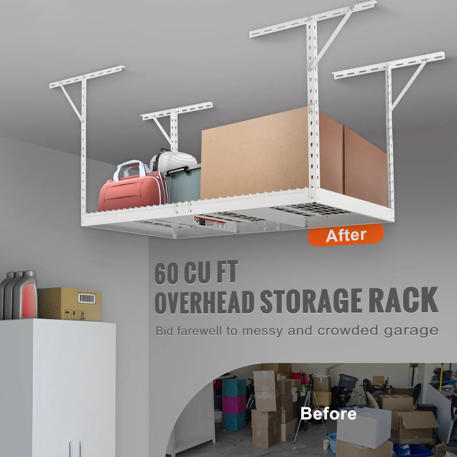 SKYSHALO Overhead Adjustable Garage Storage Rack 36x72" Ceiling Rack 550lb White