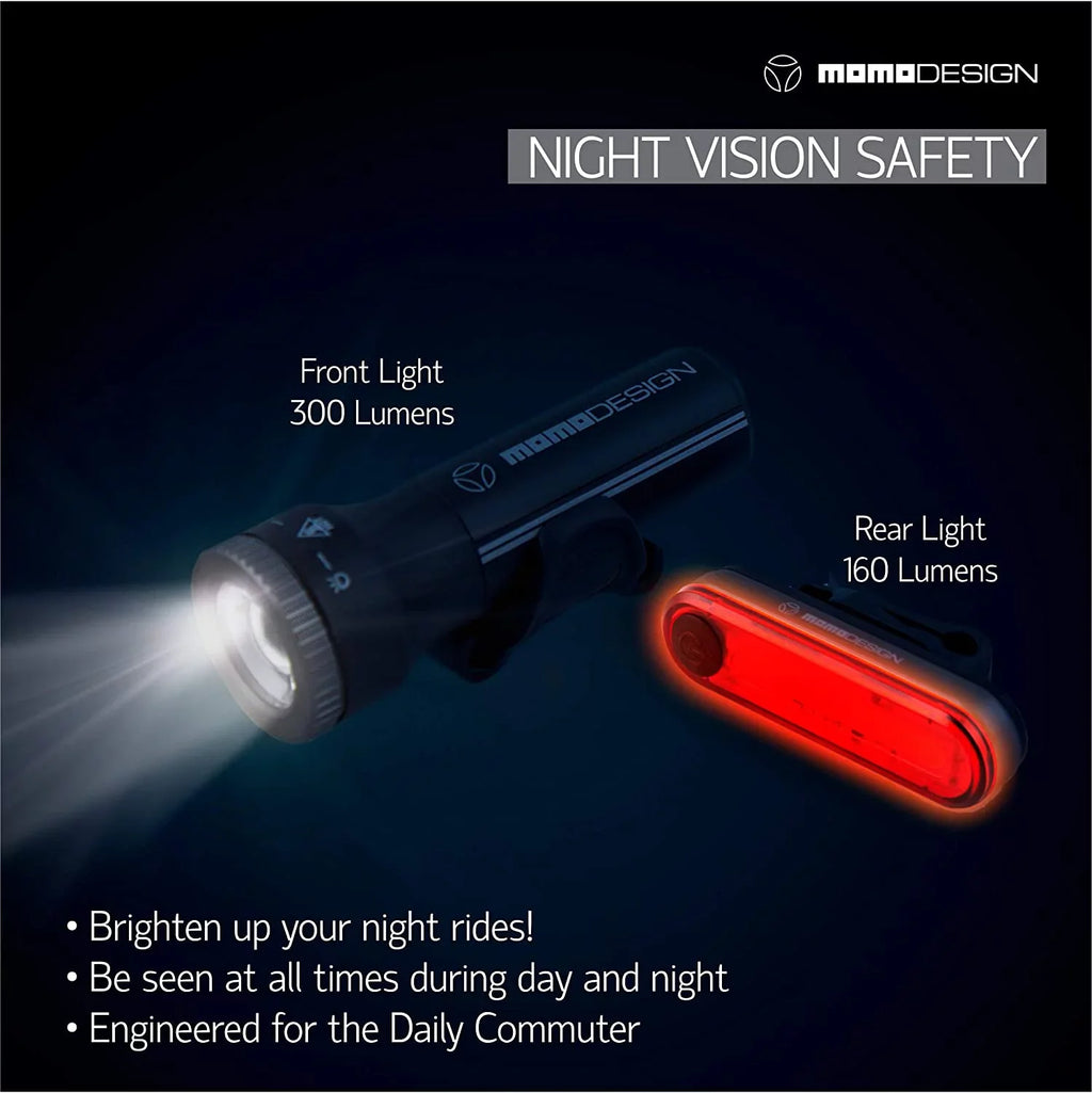 MOMODESIGN Bike Light KIT 300 USB Rechargeable, Headlight & Rear Light for Night Visibility, Weather Resistant, Designed for COMMUTERS