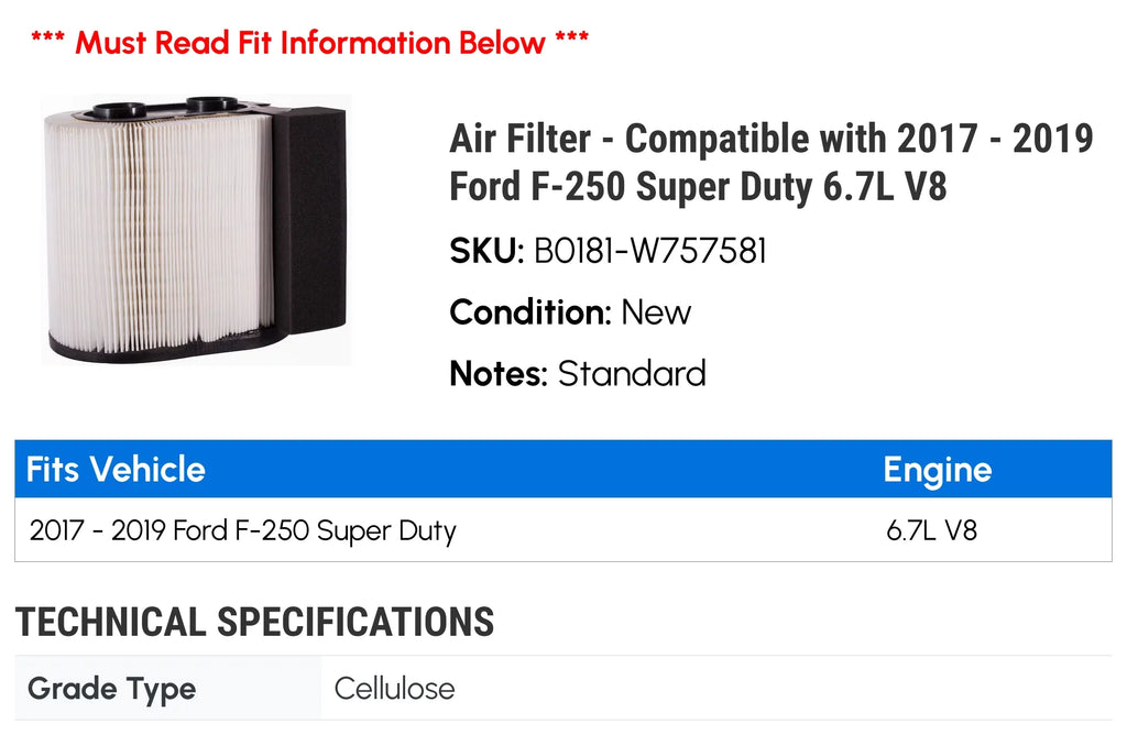 Air Filter - Compatible with 2017 - 2019 Ford F-250 Super Duty 6.7L V8 2018