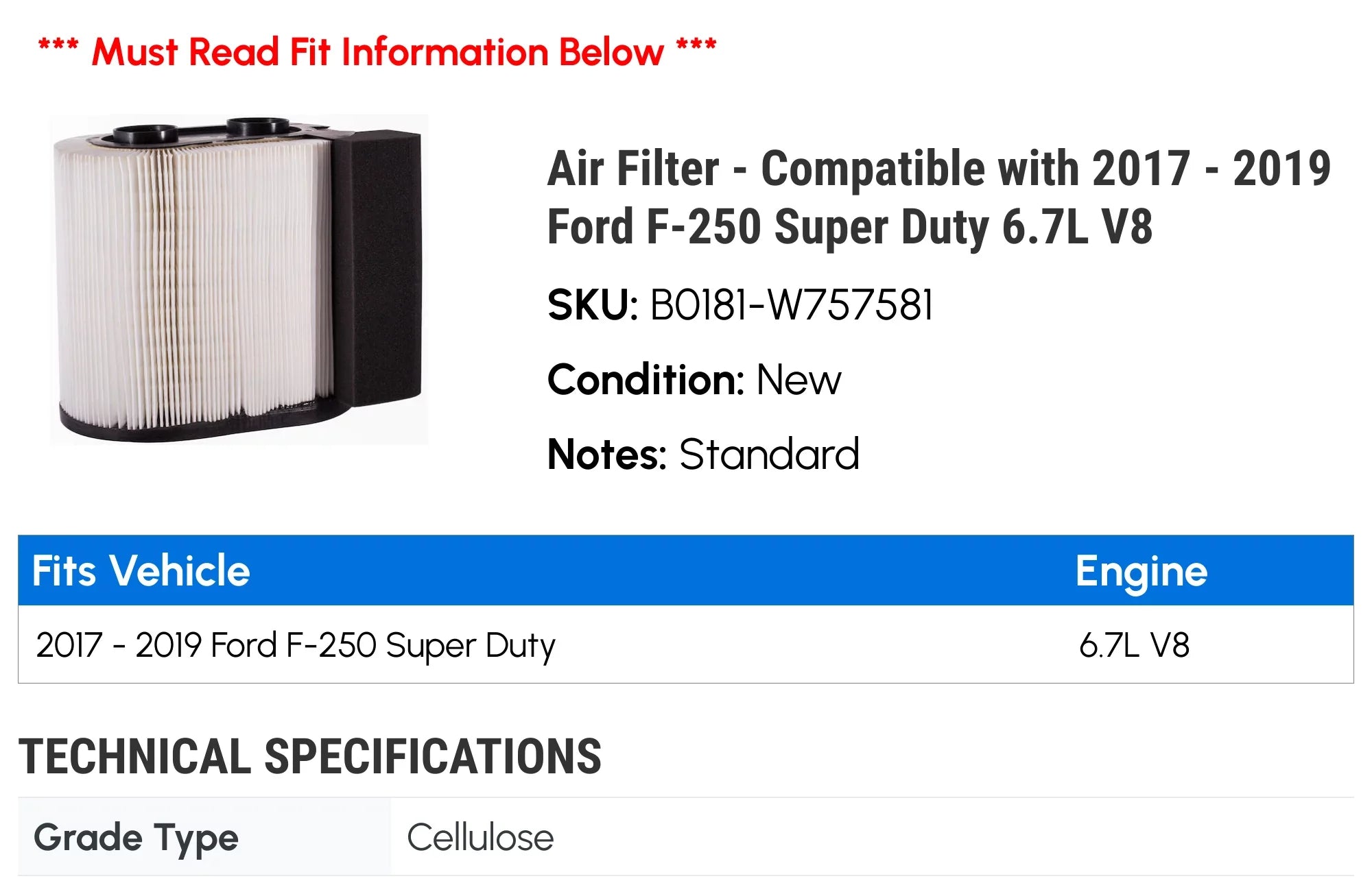 Air Filter - Compatible with 2017 - 2019 Ford F-250 Super Duty 6.7L V8 2018